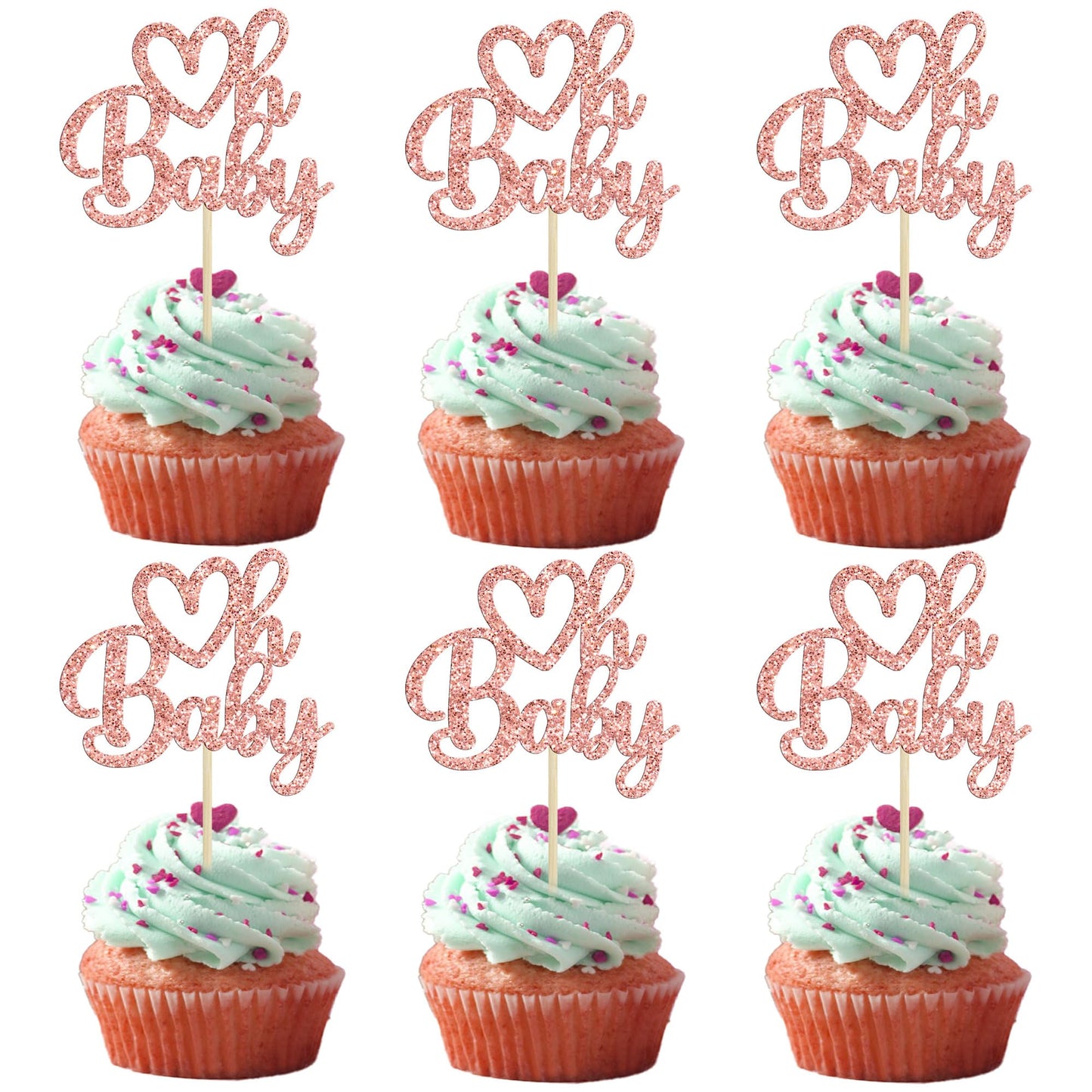 Gyufise 24 Pack Rose Gold Glitter Valentine Oh Baby Cupcake Toppers Valentine Day Cake Toppers Baby Shower Oh Baby Cupcake Picks