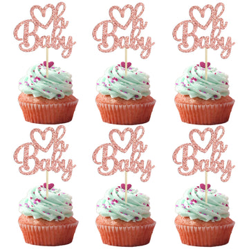 Gyufise 24 Pack Rose Gold Glitter Valentine Oh Baby Cupcake Toppers Valentine Day Cake Toppers Baby Shower Oh Baby Cupcake Picks