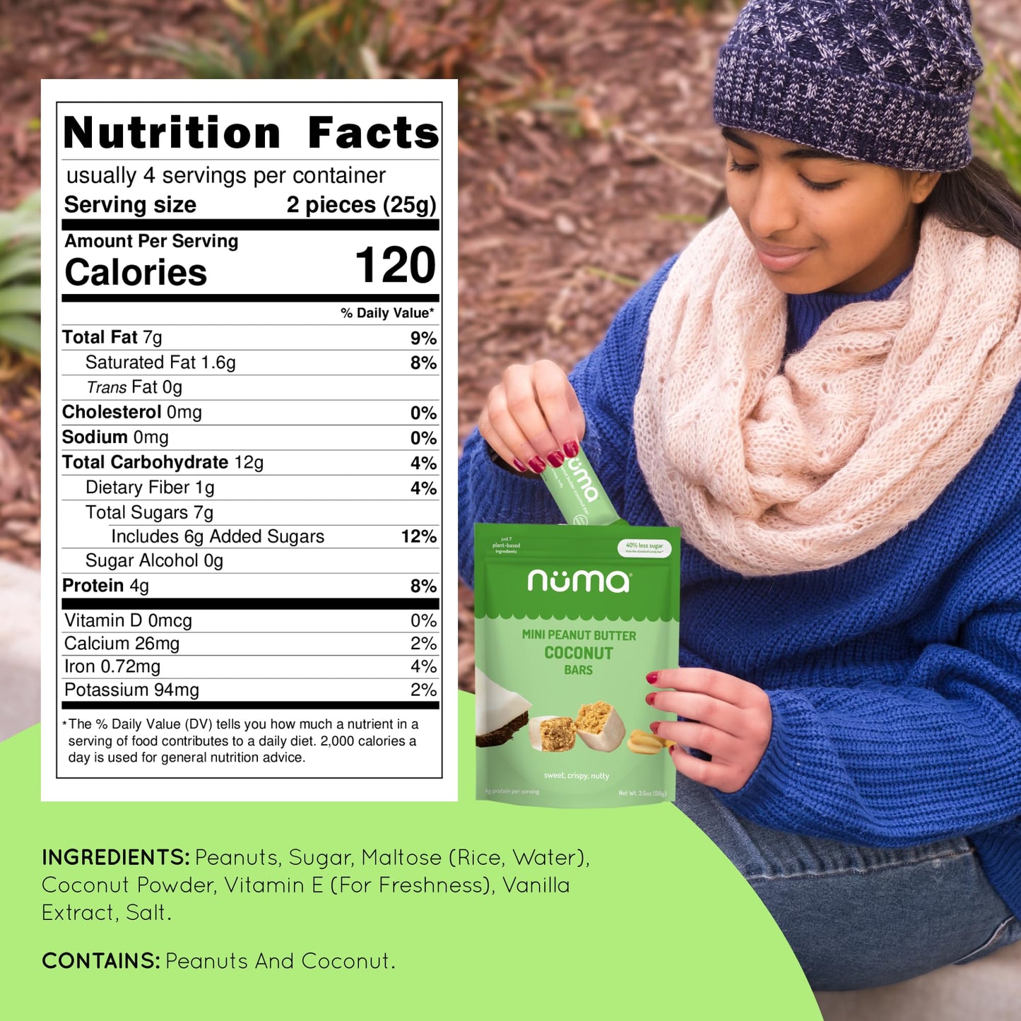 Numa Foods Mini Coconut Peanut Butter Bars – Vegan, Low Sugar, High Protein, All Natural, Gluten Free – Crunchy Plant Based Peanut Butter Snacks – 3 Bags With 8 Individually Wrapped Protein Bars