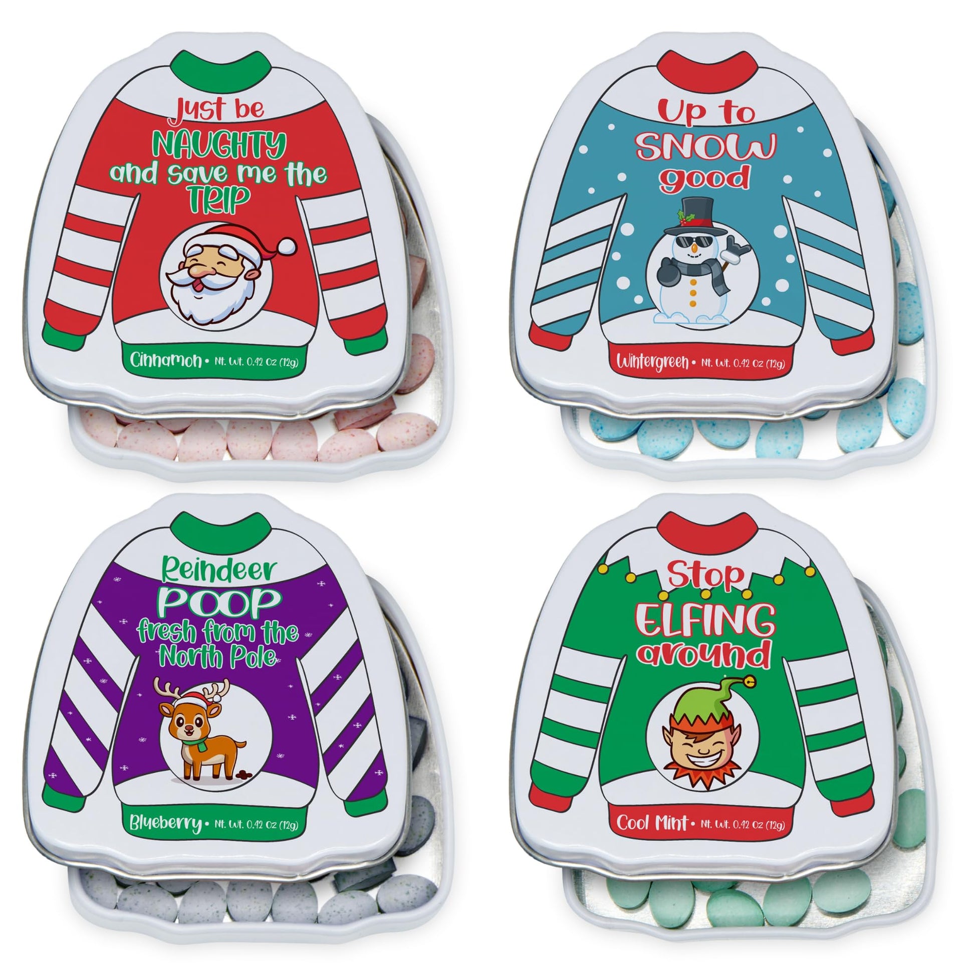 4Es Novelty Humorous Christmas Poop Candy Breath Mint Tins  4 Pack Ugly Sweater Tins Funny Christmas Candy Stocking Stuffer for Kids Teens mature-themeds Boys Girls Unique Funny Gag Gift White Elephant Gift Exchange for Men Women