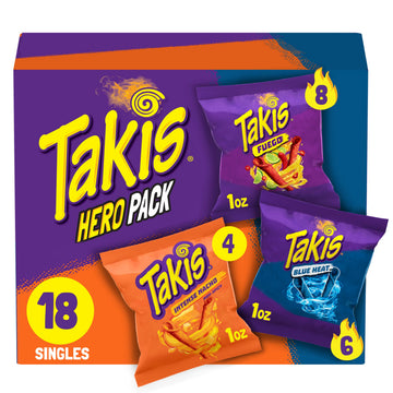 Takis 18 pc / 1 oz Hero Variety Pack  Assorted Flavored Mixed Rolled Tortilla Chips - (8) Fuego 1 oz  (6) Blue Heat 1 oz  (4) Intense Nacho 1 oz