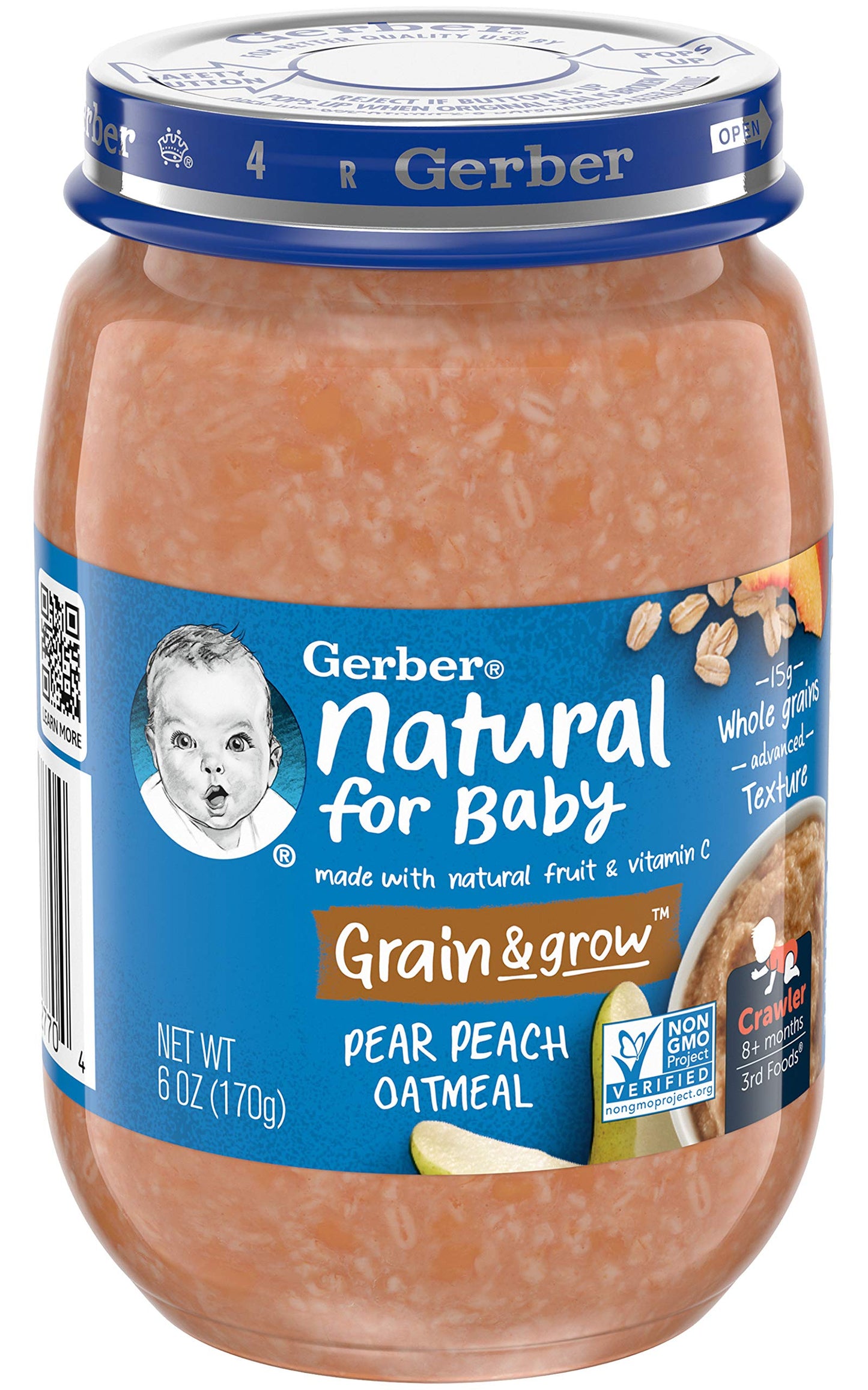 Gerber 3Rd Foods Natural For Baby Grain & Grow Baby Food Jar, Pear Peach Oatmeal, Made With Natural Fruit & Vitamin C With Advan