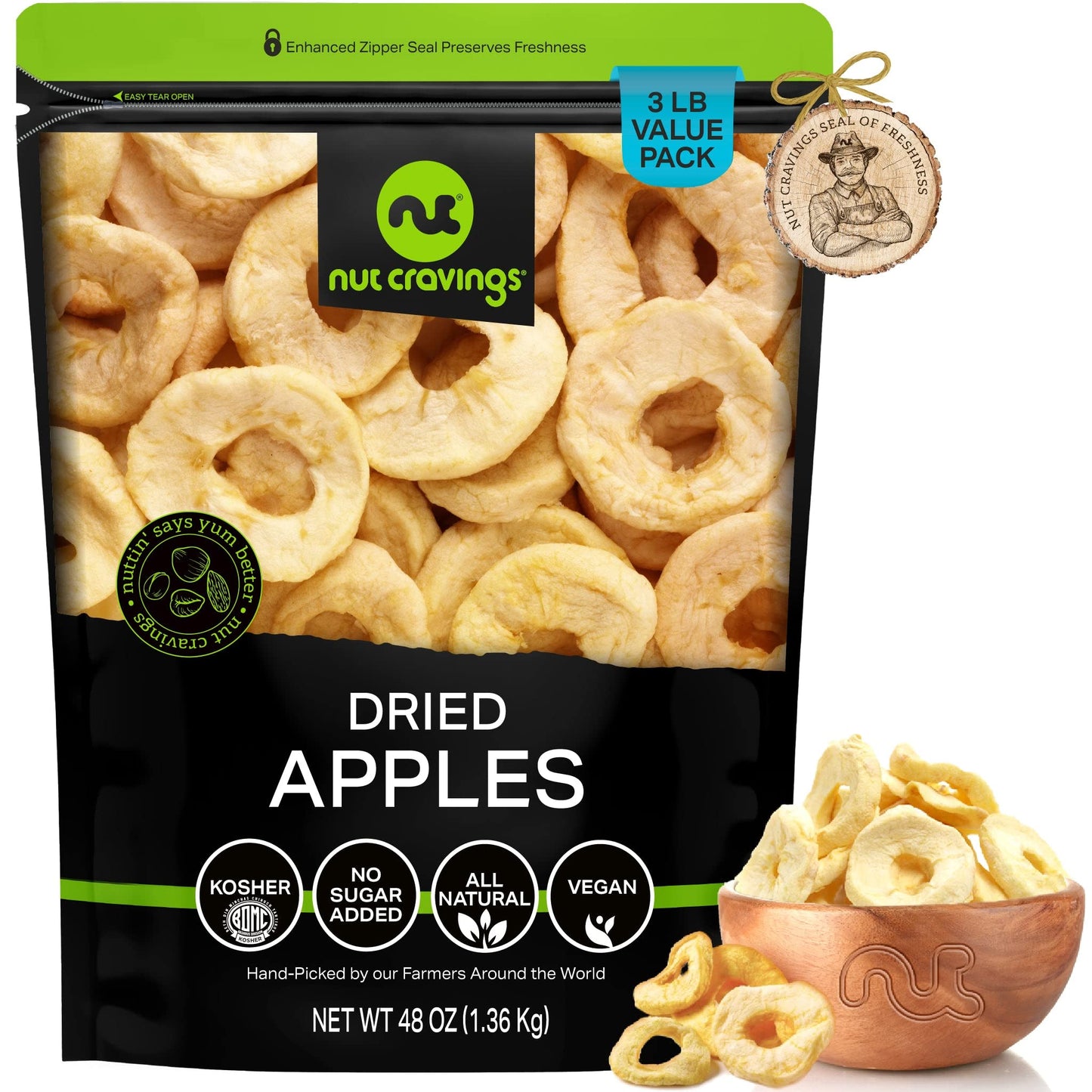 NUT CRAVINGS Dry Fruits - Dried Apple Rings Slices, No Sugar Added - Chewy Soft Texture (48oz - 3 LB) Packed Fresh in Resealable