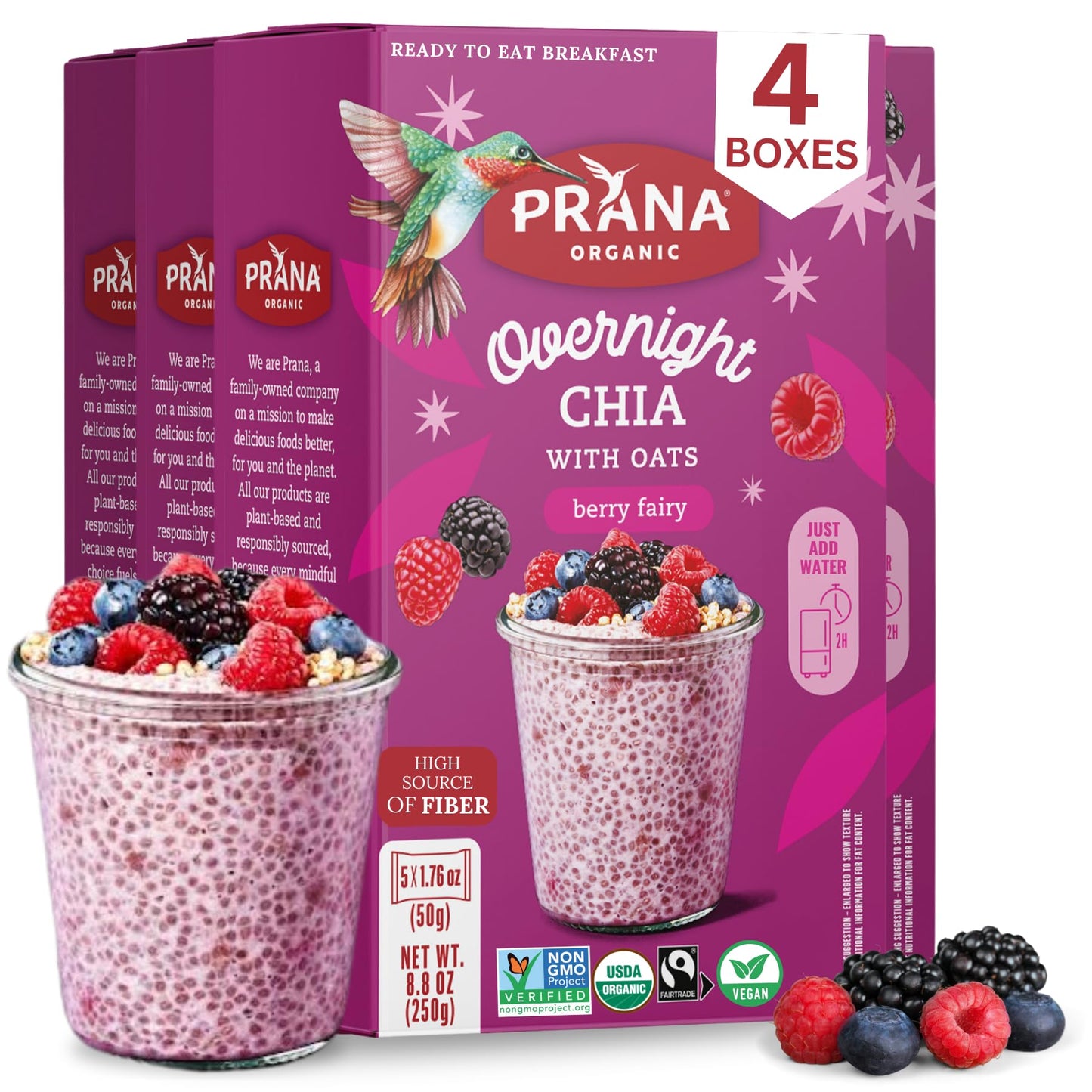 Prana Organic Overnight Chia with Oats Berry Fairy | Rich in Fiber & Protein, Vegan, Non-GMO | Ready to Eat Breakfast - 5 x 1.76