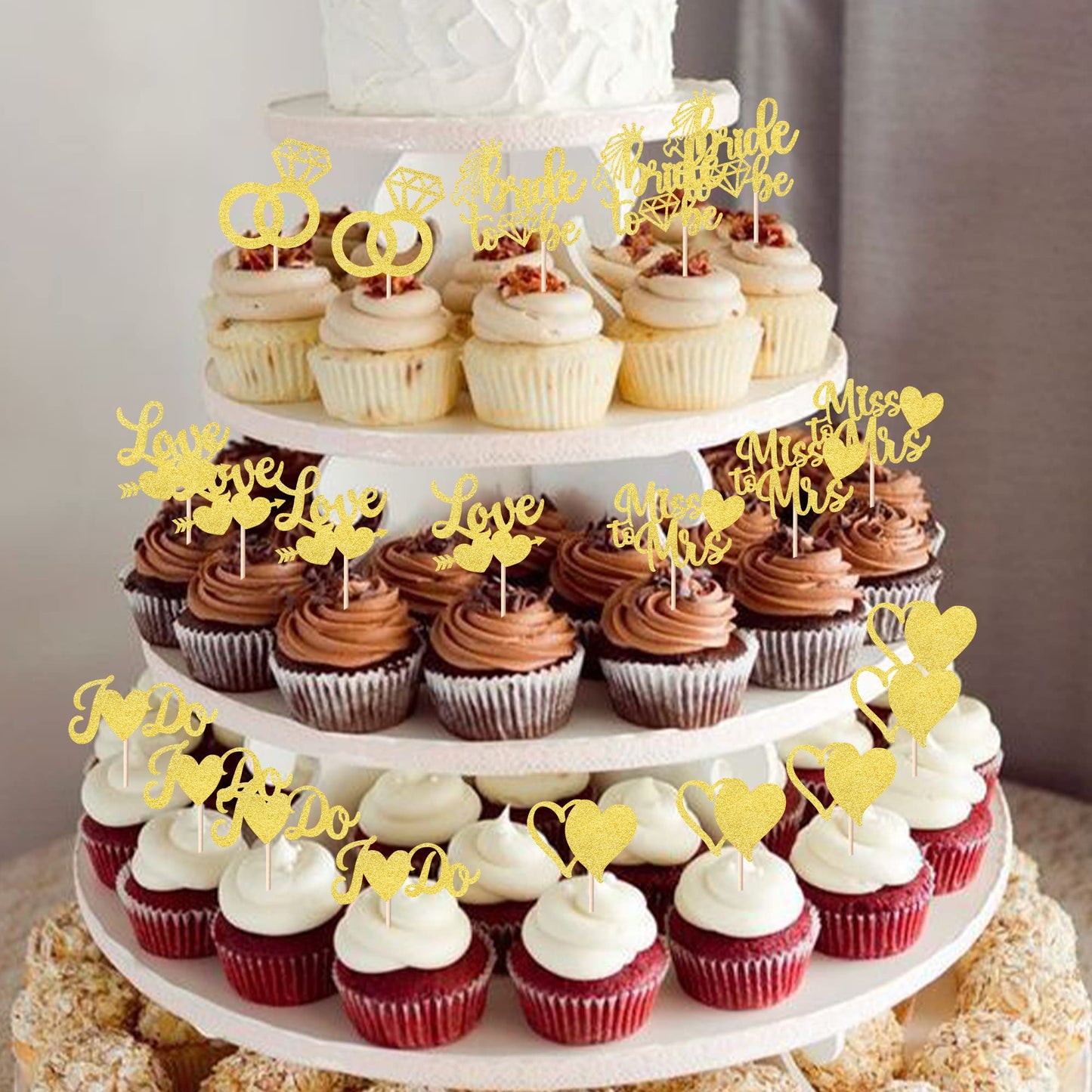 YCTHUNFISH Bridal Shower Cupcake Toppers, 36 Pack Glitter Diamond Ring Picks, Gold, Bamboo