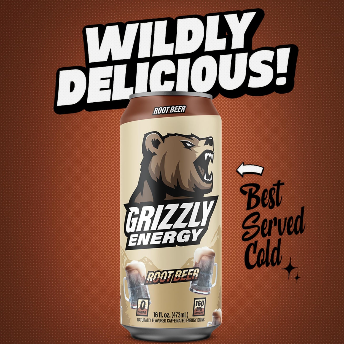 Grizzly Energy Drink Root Malt-Inspired Taurine B Vitamins & 160Mg Caffeine - Energy Focus & Hydration Boost - 10 Calories, Zero Sugar - No Artificial Colors Or Flavors - 16 Fl Oz (12 Pack Cans)