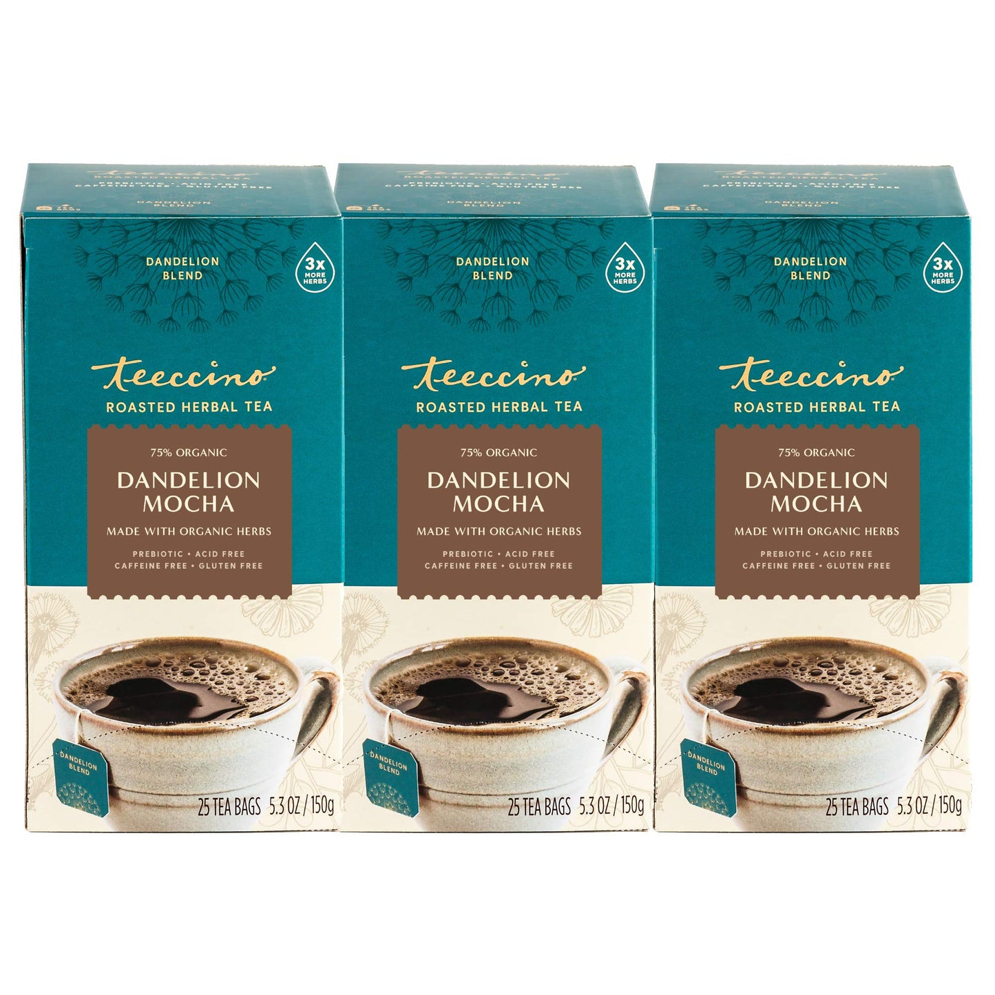 Teeccino Dandelion Mocha Tea - Energy Blend-Free  Roasted Herbal Tea With Prebiotics  3X More Herbs Than Regular Tea Bags - Gluten-Free  Acid-Free Coffee Alternative - 25 Tea Bags (Pack Of 3)