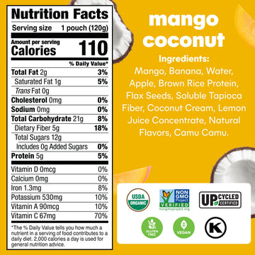 Noka Superfood Fruit Smoothie Pouches, Mango Coconut, Healthy Snacks with Flax Seed, Plant Protein and Prebiotic Fiber, Vegan an