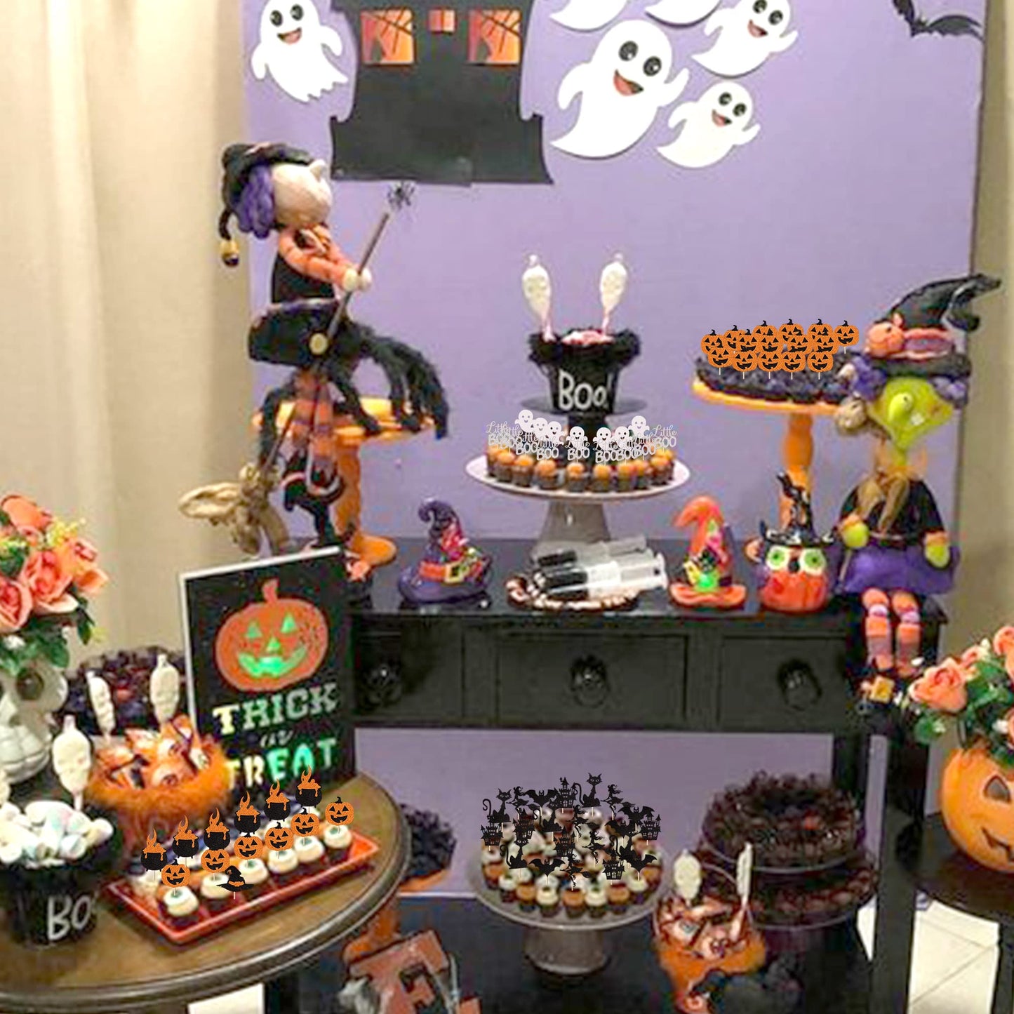 Rssta i Halloween Cupcake Toppers, 36 Pack, Glitter Bat, Witch Hat, Ghost, Cat, Paper, Design 1, for Kids Birthday and Baby Shower