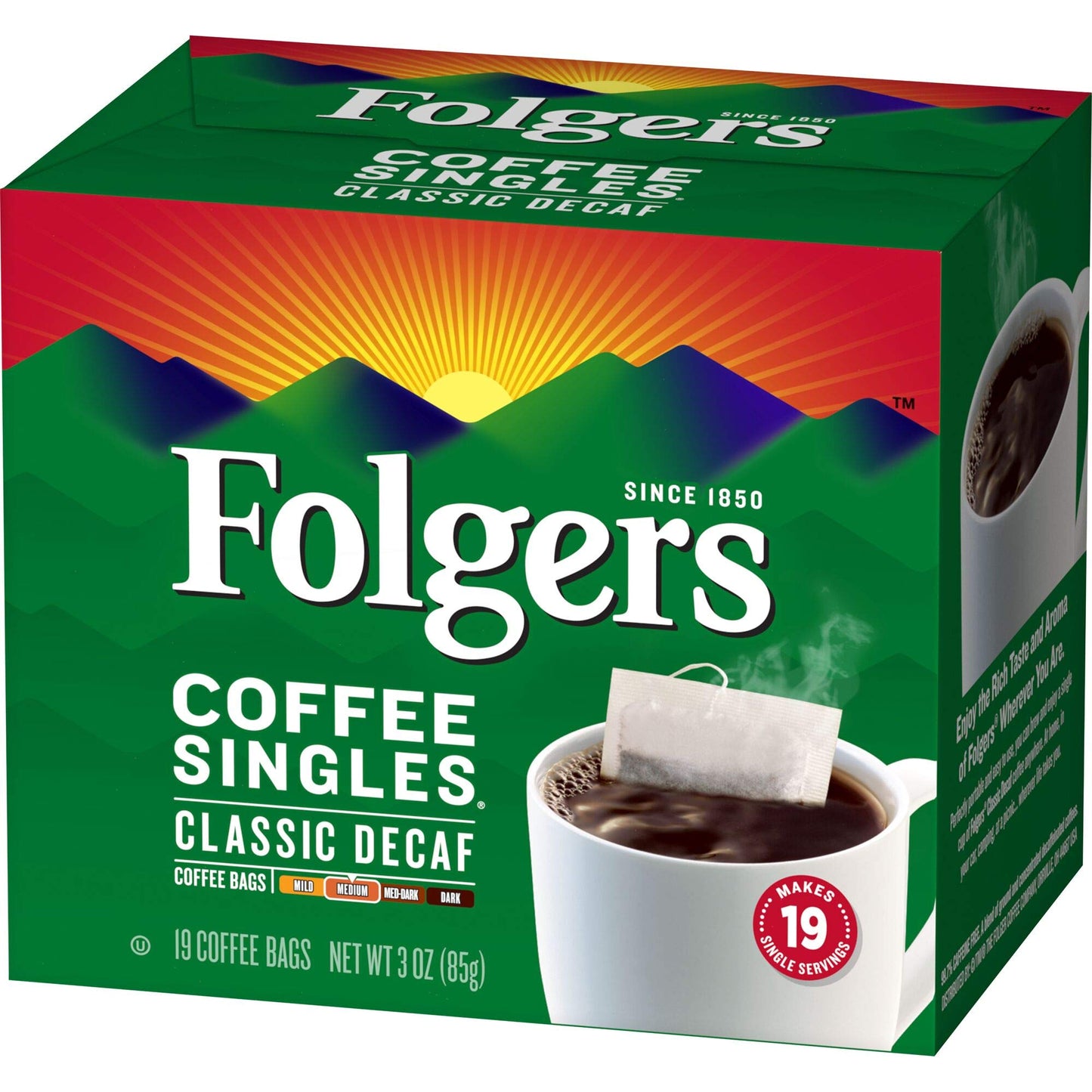 Folgers Coffee Singles Classic Decaf Medium Roast Coffee, 19 Single Serve Coffee Bags