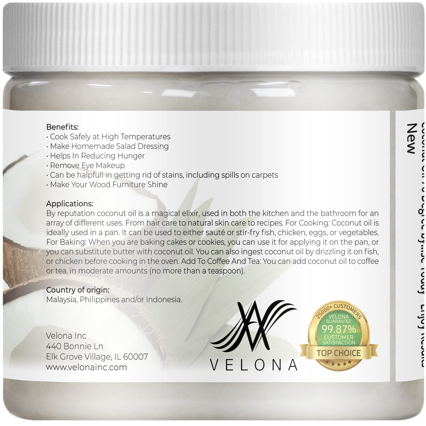 Velona Coconut Oil 76 Degree 16 Fl Oz | 100% Pure And Natural Carrier Oil | In Jar | Refined, Cold Pressed | Skin, Face, Body, H
