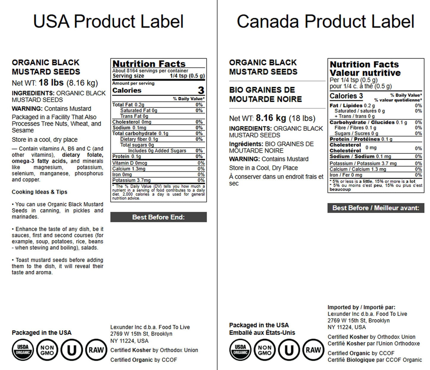 Organic Black Mustard Seeds, 18 Pounds - Non-Gmo, Whole Hot Spice, Non-Irradiated, Vegan, Kosher, Bulk. High In Protein, Fiber,