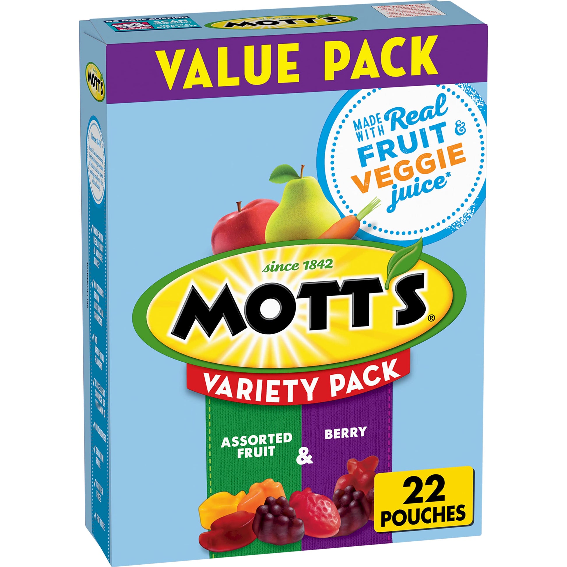 Mott'S Fruit Flavored Snacks, Assorted Fruit And Berry, Gluten Free Snack, Variety Value Pack, 22 Pouches, 17.6 Oz
