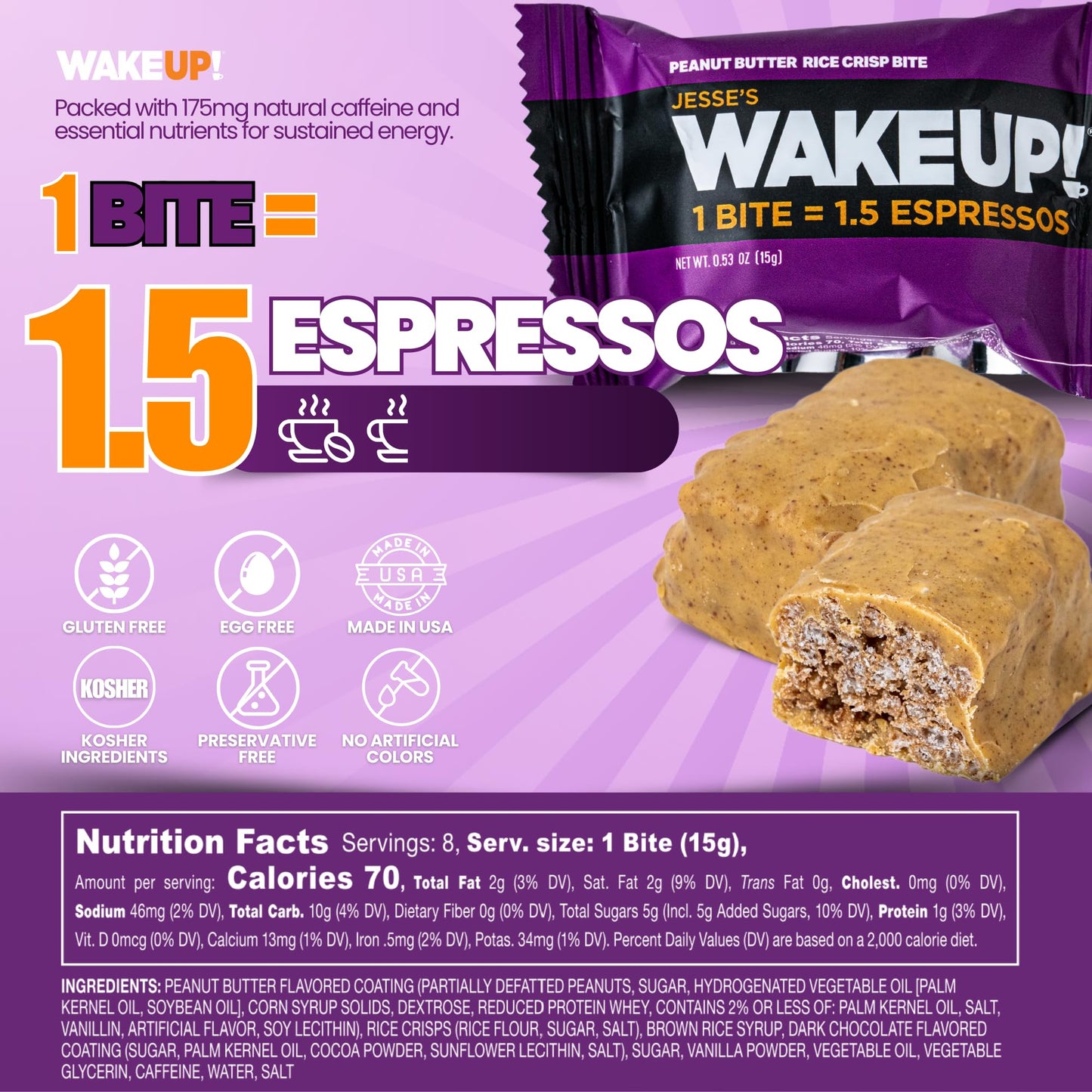 Jesses WakeUP! Caffeinated Peanut Butter Protein Bites – 175mg Clean Caffeine, Gluten-Free, 8 Pack, 1 Bite = 1.5 Espressos