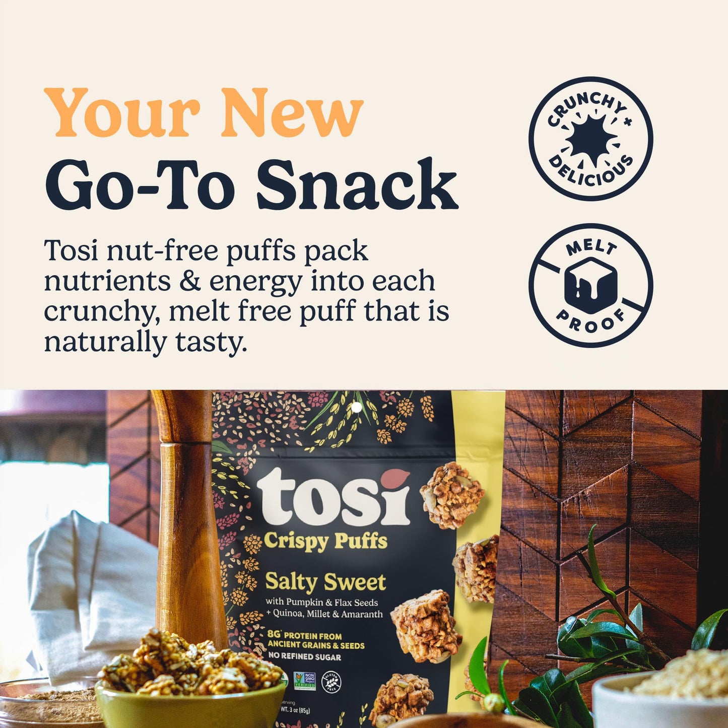 Tosi Crispy Puffs (3Oz, 4 Pack), Vegan Crunchy Snacks, 8G Plant Based Protein, Nut-Free, Allergen Friendly, Healthy Snacks For Mature-Themeds & Kids, Gluten Free  , Ancient Grains (Salty Sweet)