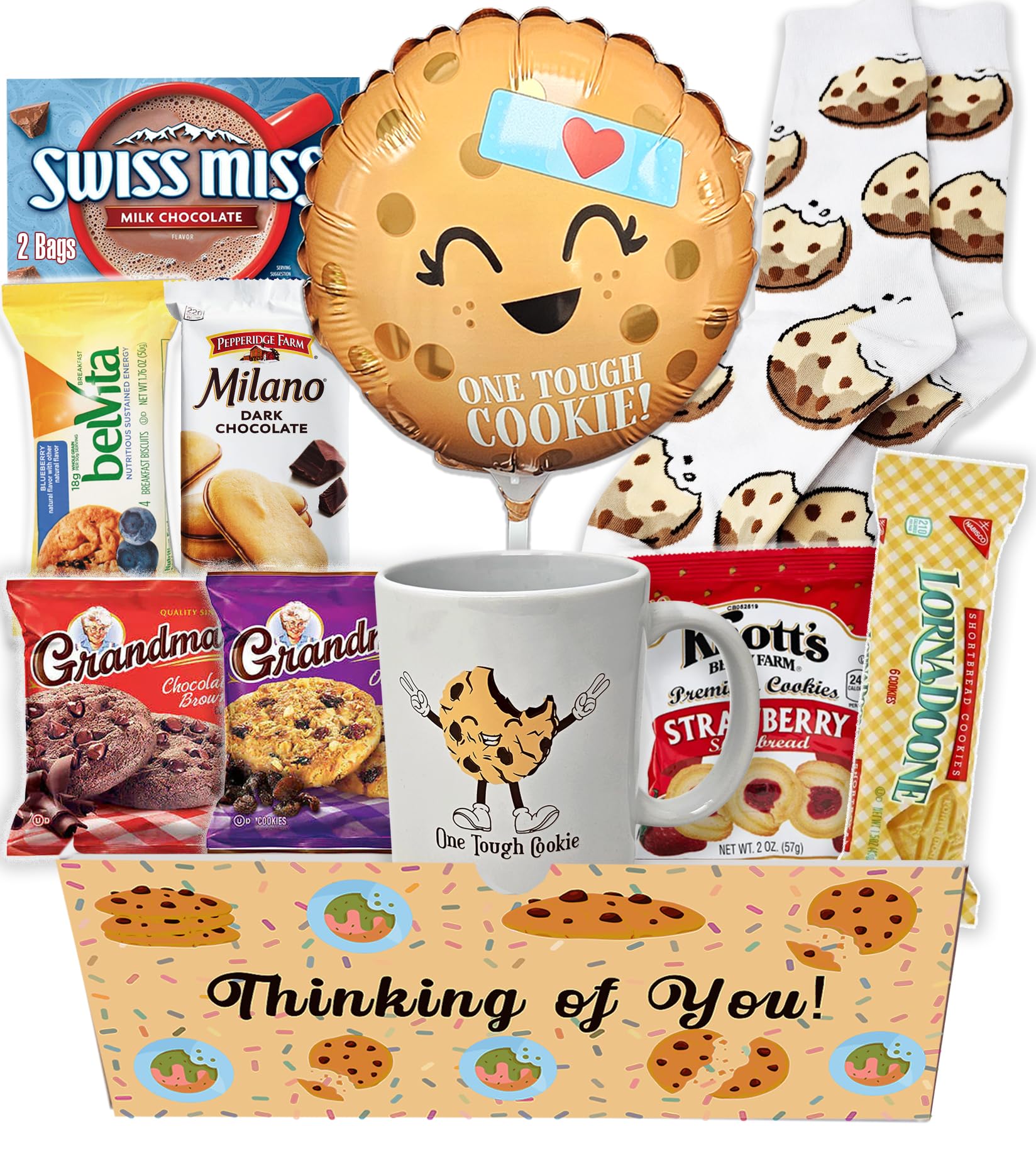 Get well Soon, One Tough Cookie Gift Basket, Care package Snack Box w/Cookie, Balloon, Mugs & Socks Feel better son for Adults t