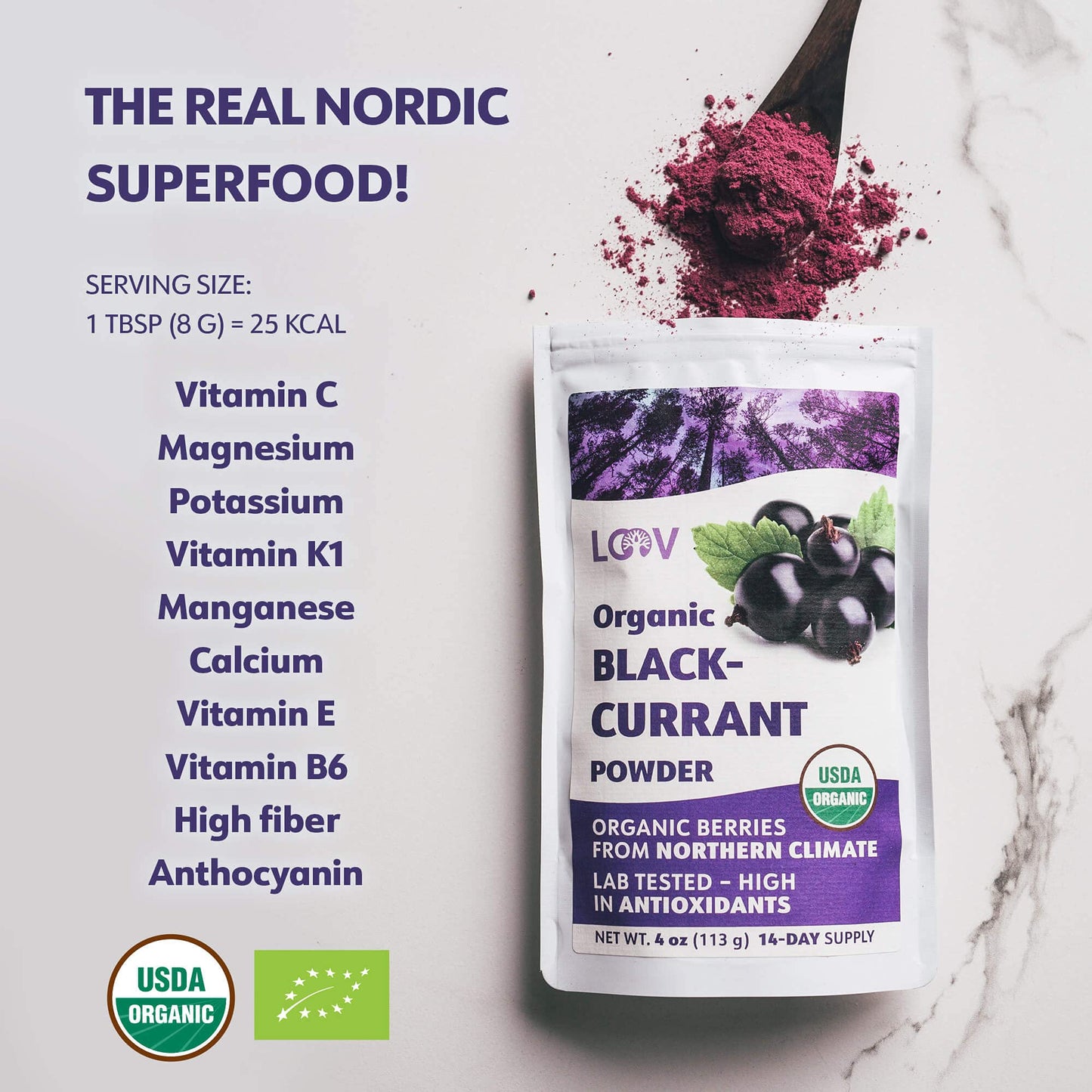 Loov Organic Blackcurrant Powder | Made From 100% Whole Black Currants | Freeze Dried And Powdered Organic Black Currants | No A