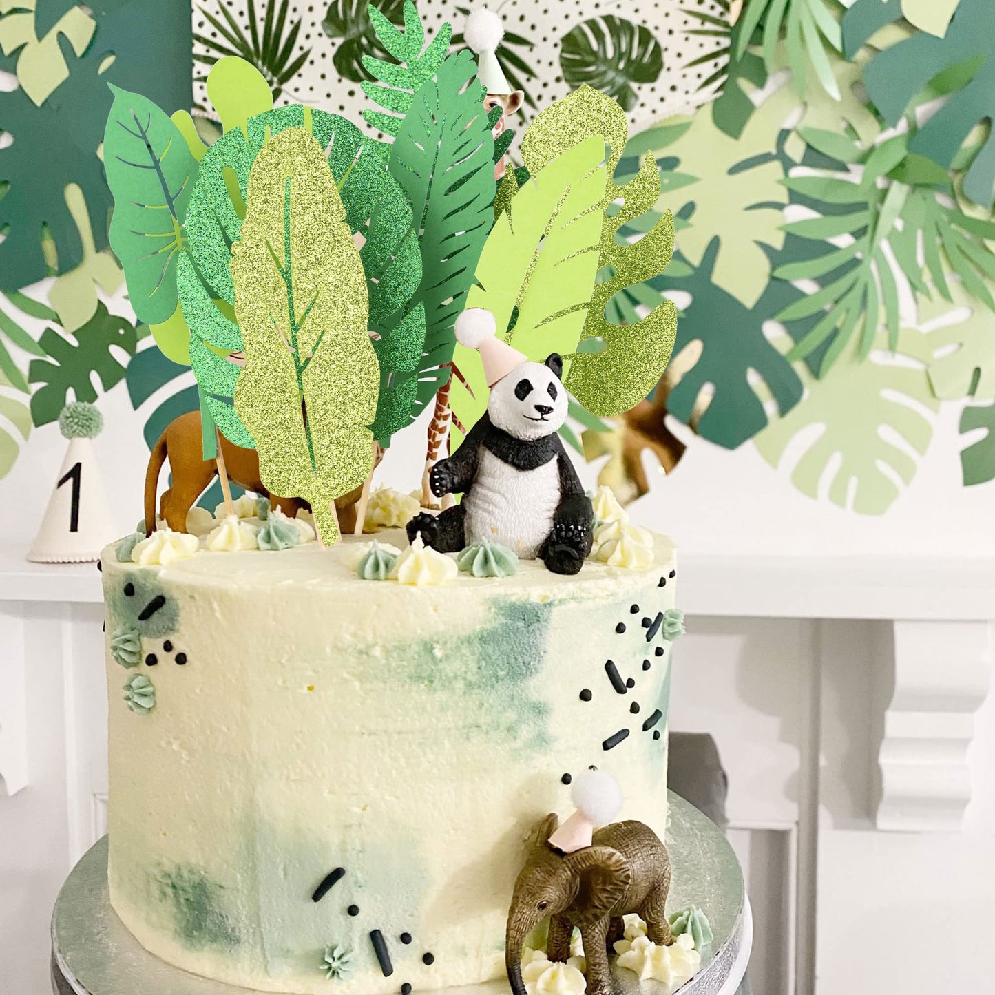 Gyufise 16Pcs Tropical Leaves Cake Toppers Glitter Palm Turtle Leaves Cake Toppers Green Leaf Forest Cupcake Plant Leaf Tropical
