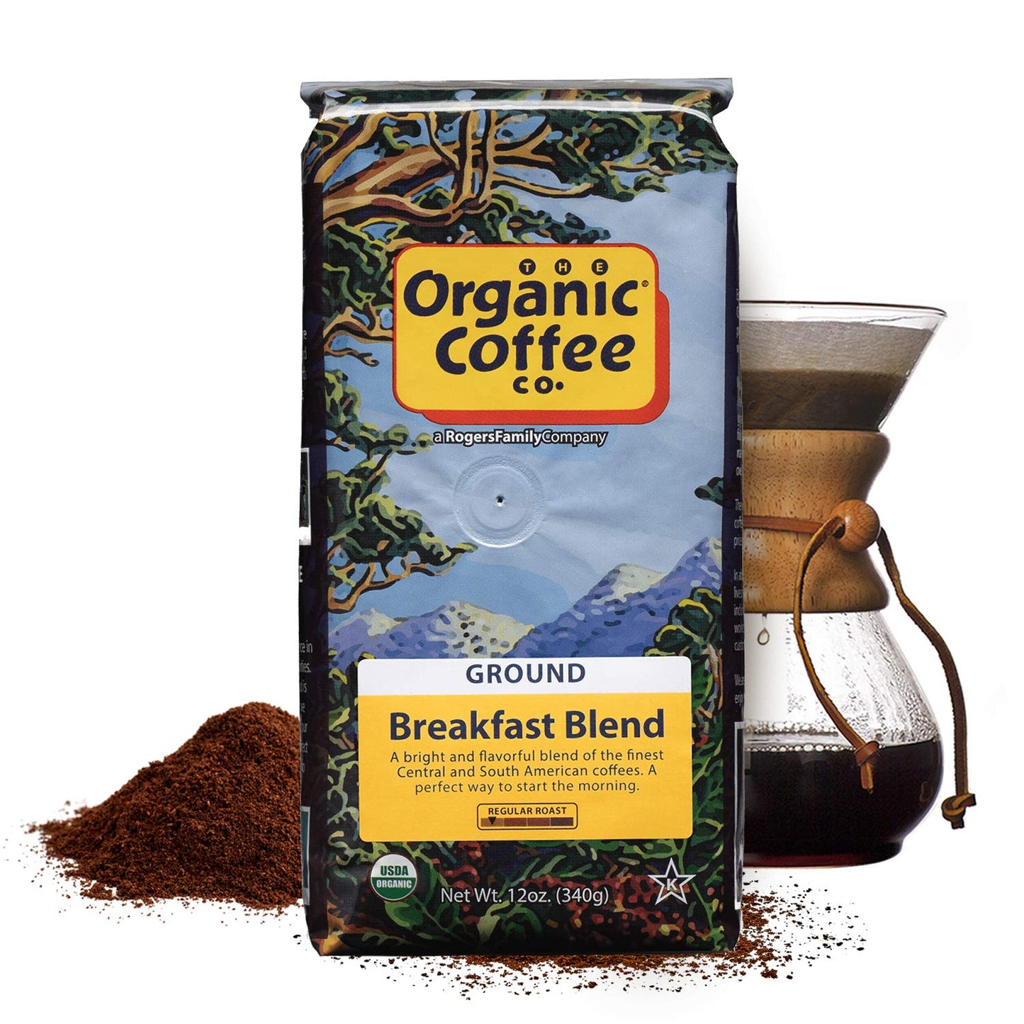 Organic Coffee Co. Breakfast Blend Ground Coffee 12 Ounce Medium Light Roast USDA Organic