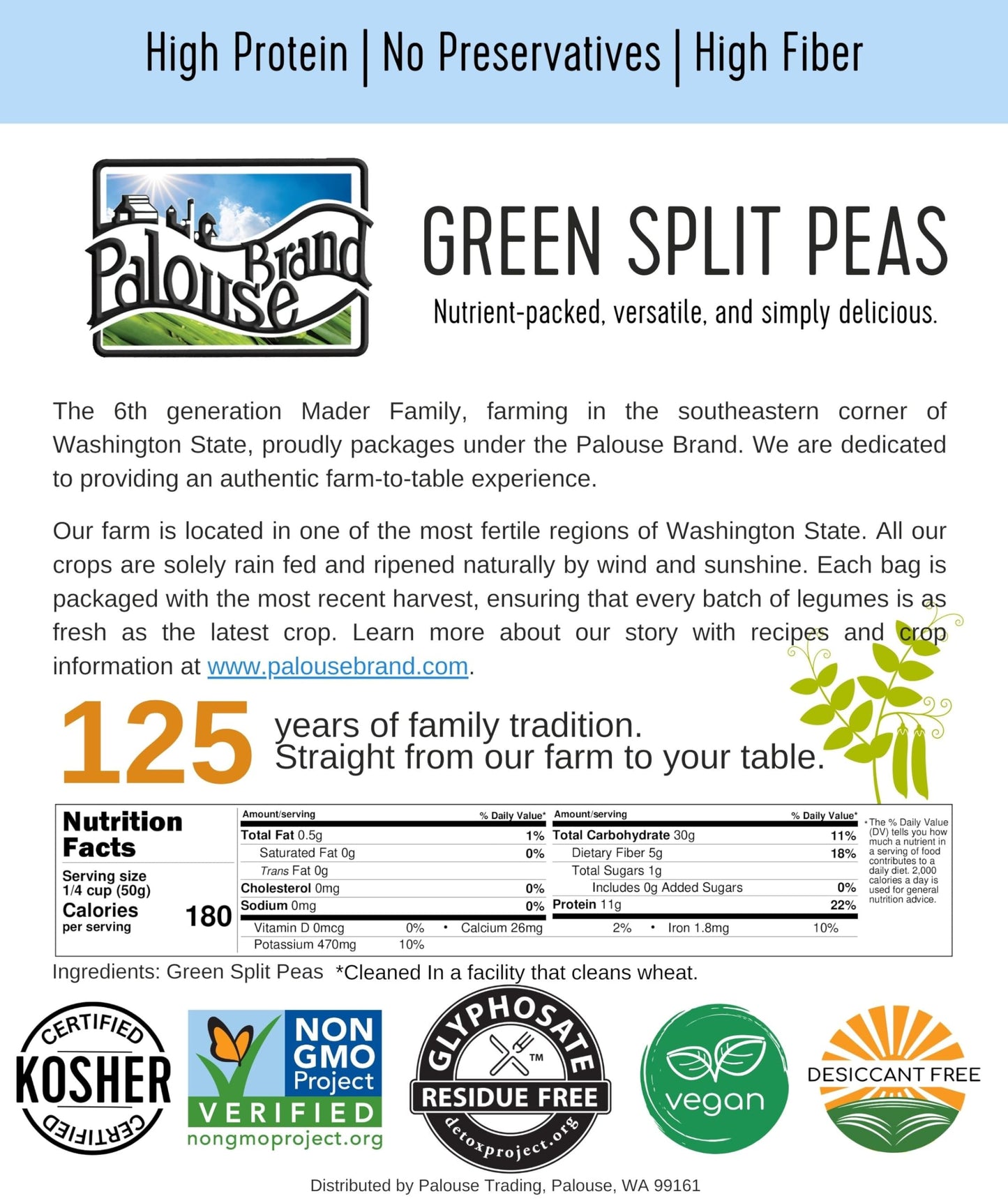 Certified Glyphosate Residue Free Green Split Peas | 15 Lbs | 100% Desiccant Free | Family Farmed In Washington State | Non-Gmo