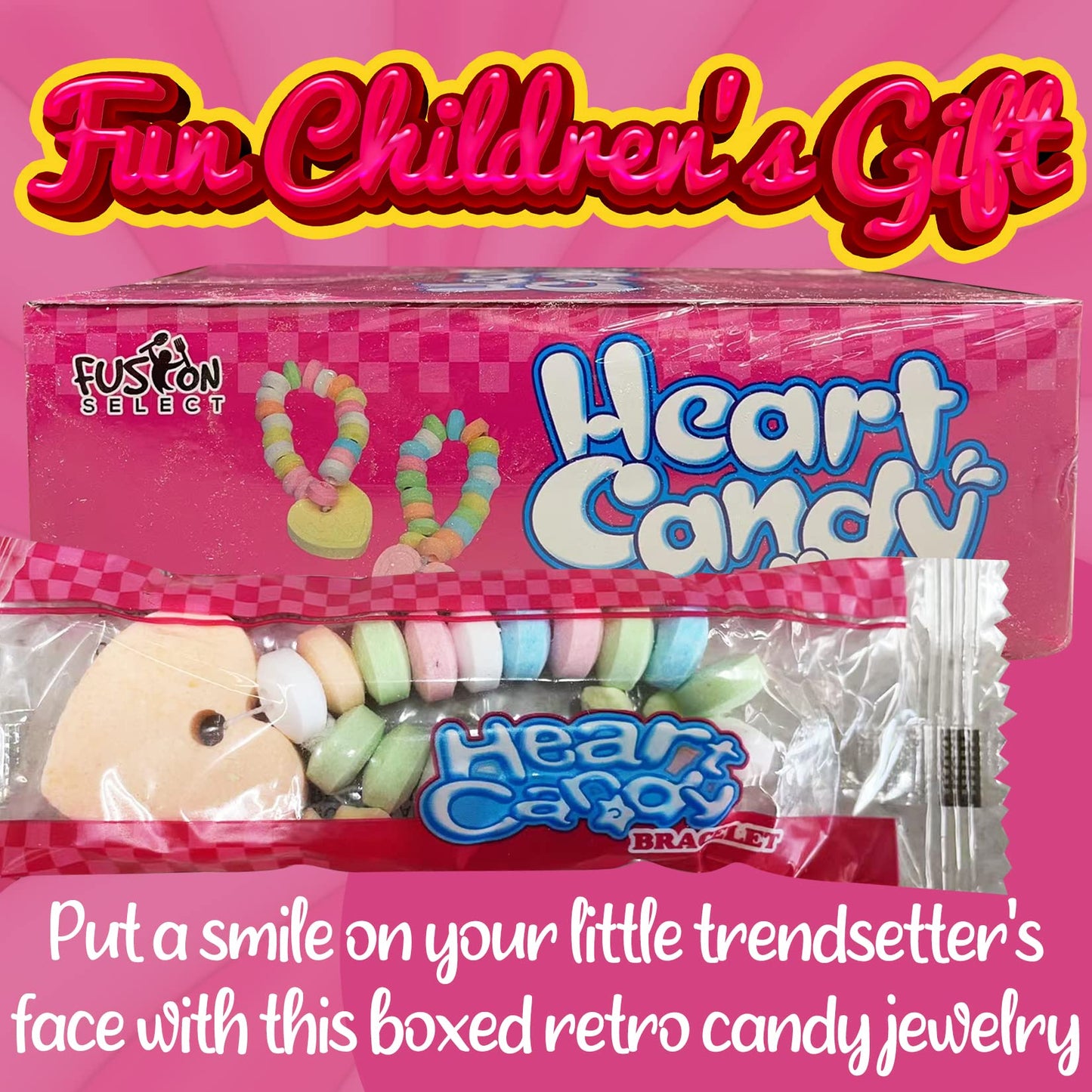 Fusion Select Color Candy Bracelet - Edible Candy Jewelry with Love Heart Charm - Sweet Treats for Kids Birthday, Party Favors,