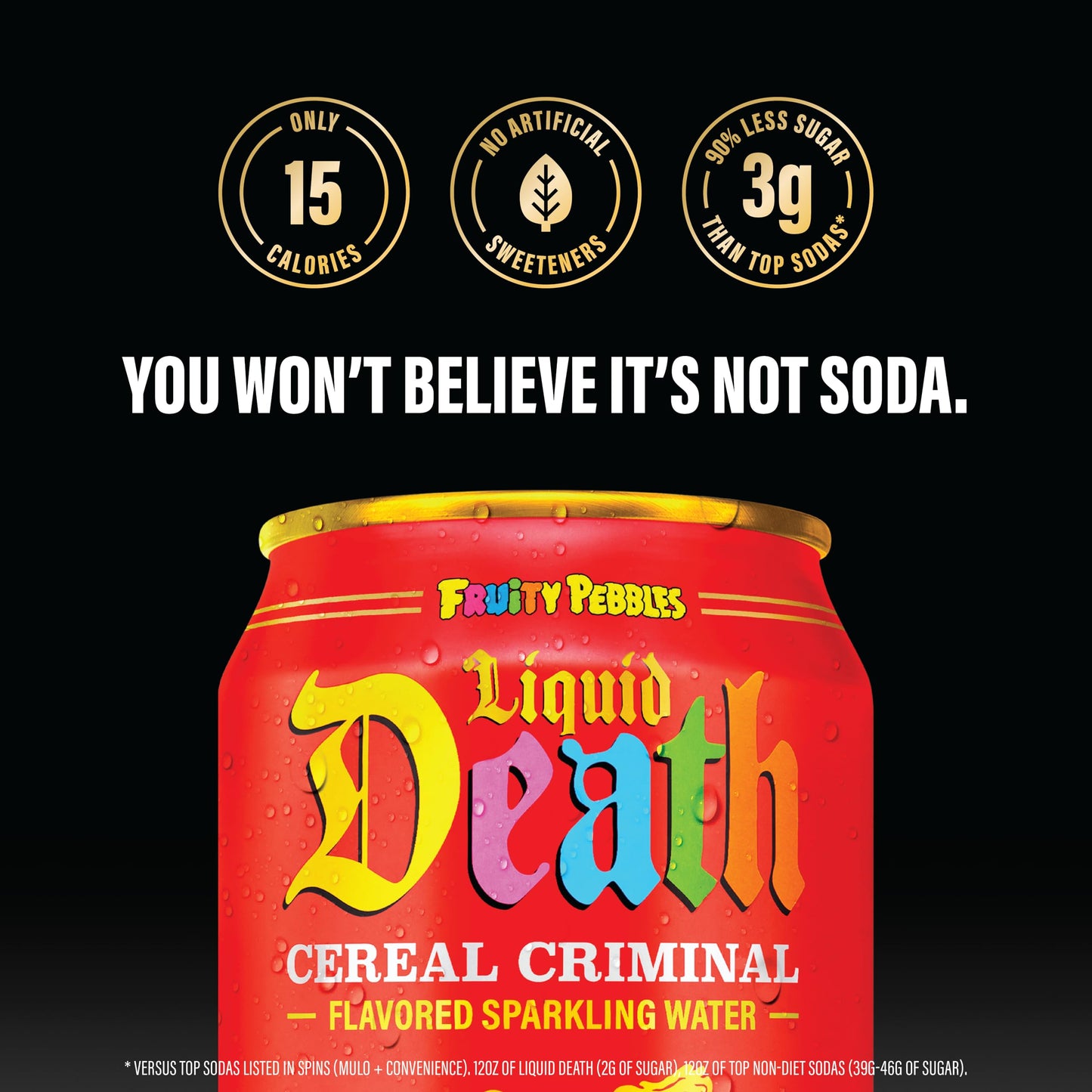 Liquid Death  Cereal Criminal  Fruitty Pebbles-Flavored Sparkling Water  12-Pack (12oz Cans)  Low Sugar  Huge Flavor & No Artificial Sweeteners