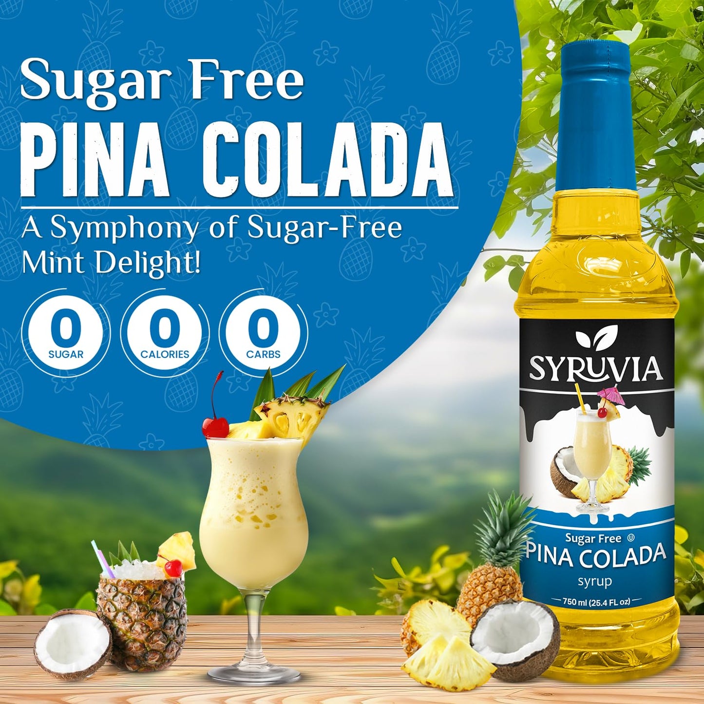 Syruvia Sugar-Free Pina Colada Syrup - 25.4 fl oz. Premium Coffee Flavoring Syrup. 0 Calories, Kosher, and Gluten-Free. Perfect