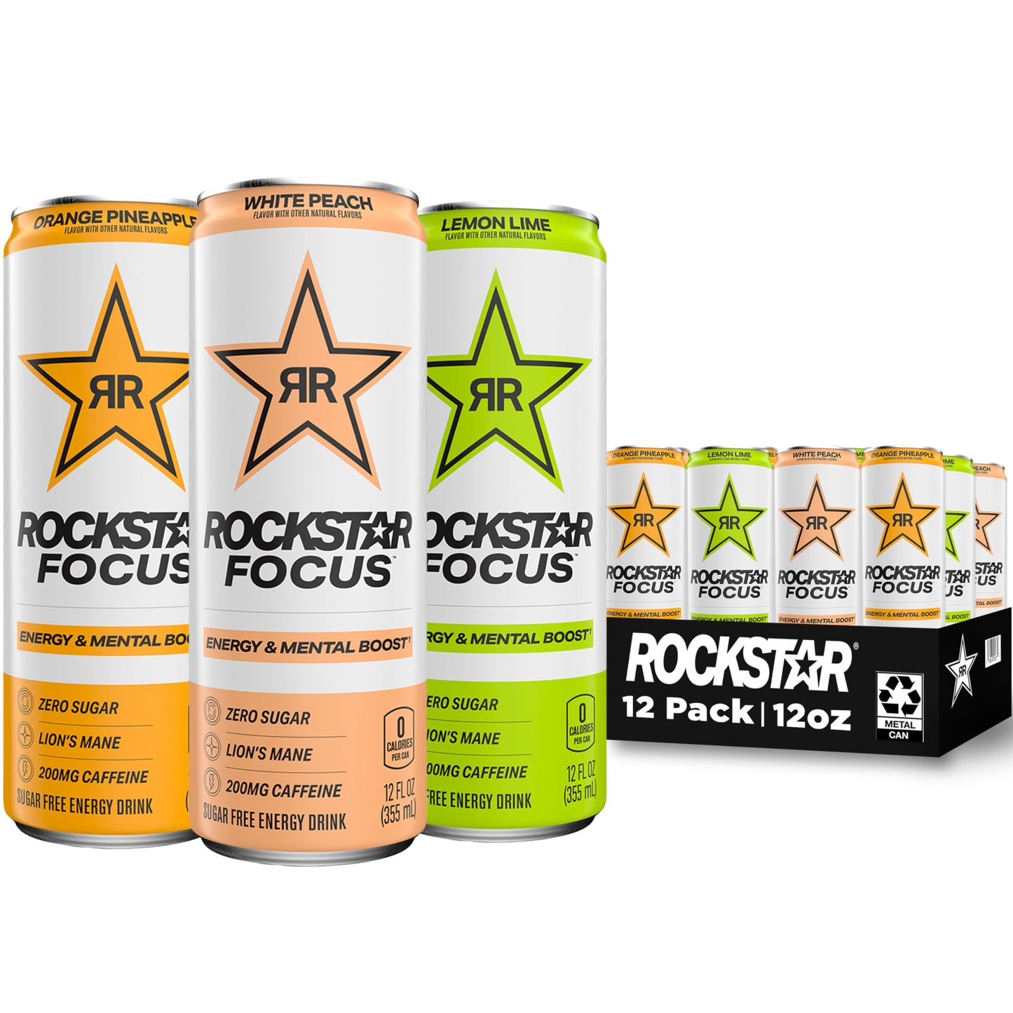 Rockstar Focus Variety Pack, 3 Flavors (White Peach, Lemon Lime, Orange Pineapple), 12 Fl Oz Cans, Pack of 12