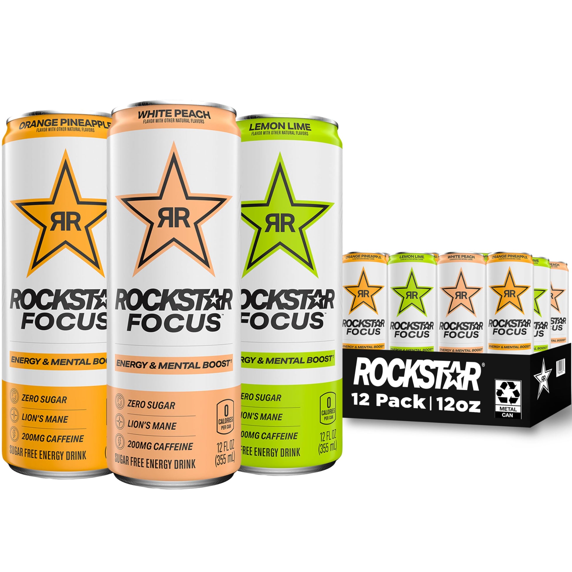 Rockstar Focus Variety Pack, 3 Flavors (White Peach, Lemon Lime, Orange Pineapple), 12 Fl Oz Cans, Pack of 12