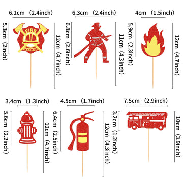 Ercadio 24 Pack Fireman Cupcake Toppers Red Glitter Fire Department Cake Topper Fireman Cupcake Picks For Fire Theme Baby Shower