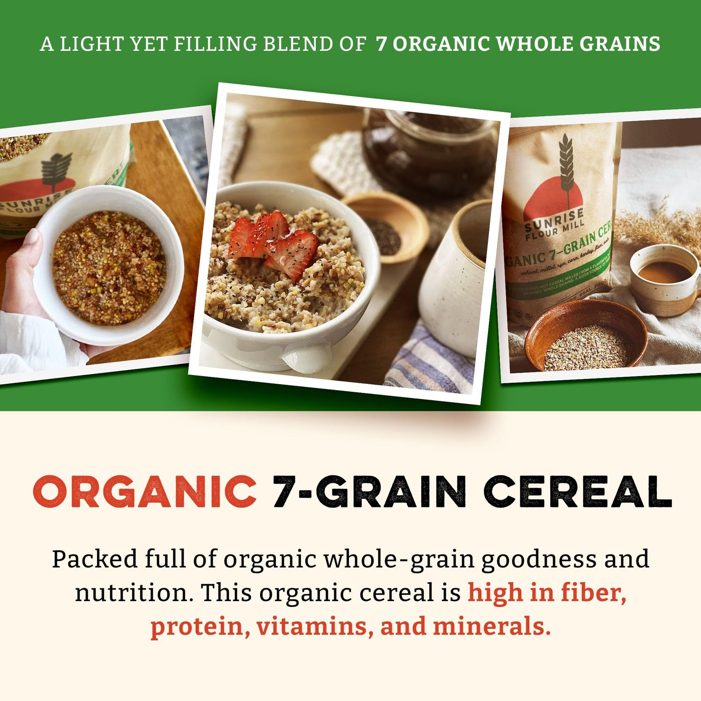 Sunrise Flour Mill 7-Grain Hot Cereal Mix - USDA Organic, 48 oz, Sugar Free, High Fiber, 5g Protein Per Serving