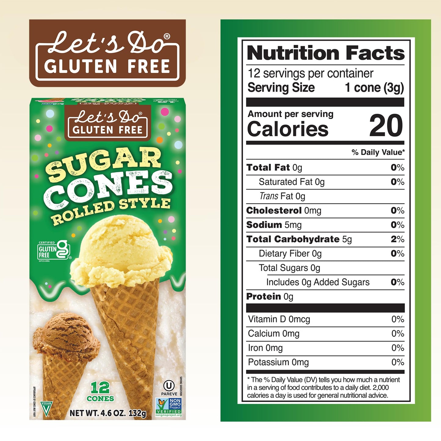 Lets DoGluten Free Sugar Cones Rolled Style, 12 Cones per Box, (Pack of 12 Boxes)