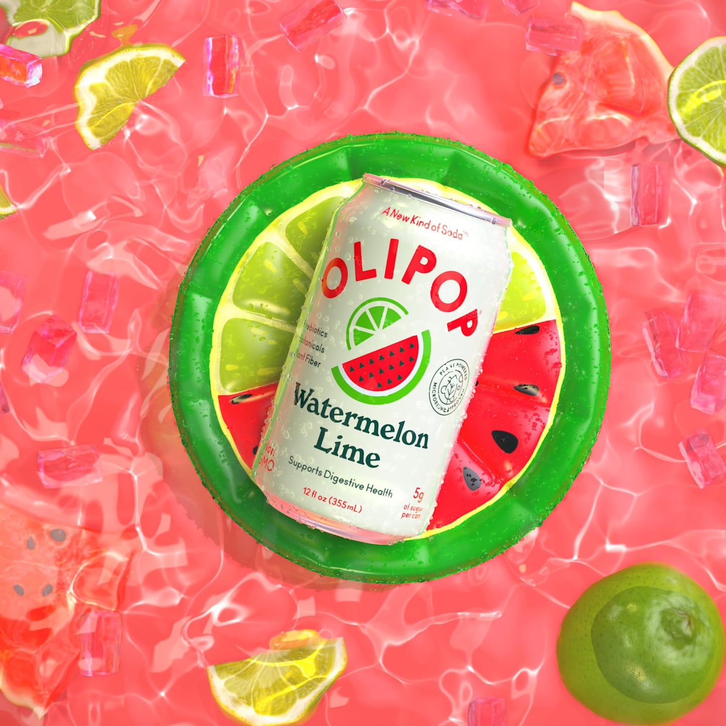 OLIPOP Prebiotic Soda, Watermelon Lime, Gluten Free, Vegan, 12oz (Pack of 12), Natural