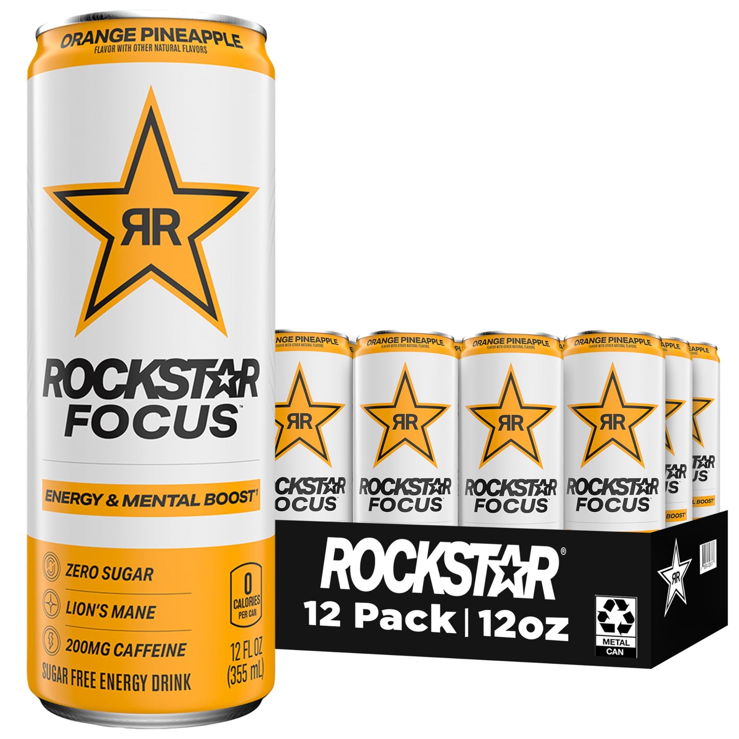 Rockstar Focus Energy Drink, Orange Pineapple, 12 Fl Oz Cans, Pack of 12