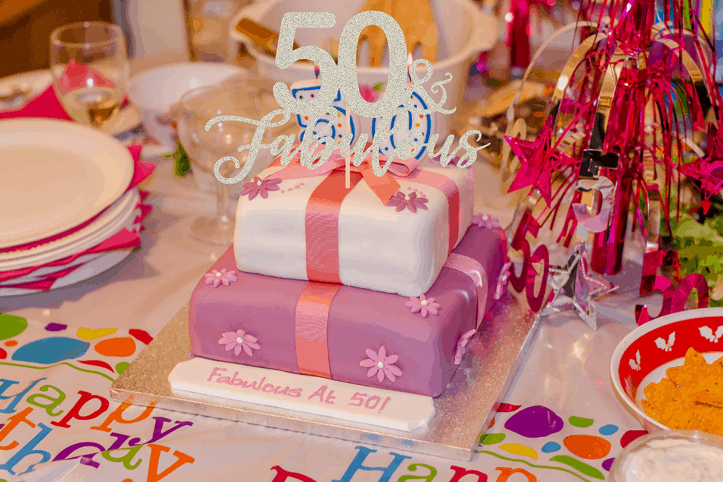 AHAORAY 50 Fabulous Cake Topper, Premium Silver Glitter Cardboard Cake Decoration for 50th Happy Birthday Party - Fifty and Fabu