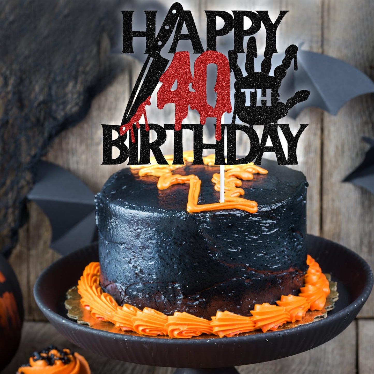 Black Glitter Killer Happy 40Th Birthday Cake Topper, Halloween Zombie Vampire Bloody Friday Birthday D  Cor, Halloween Horror T