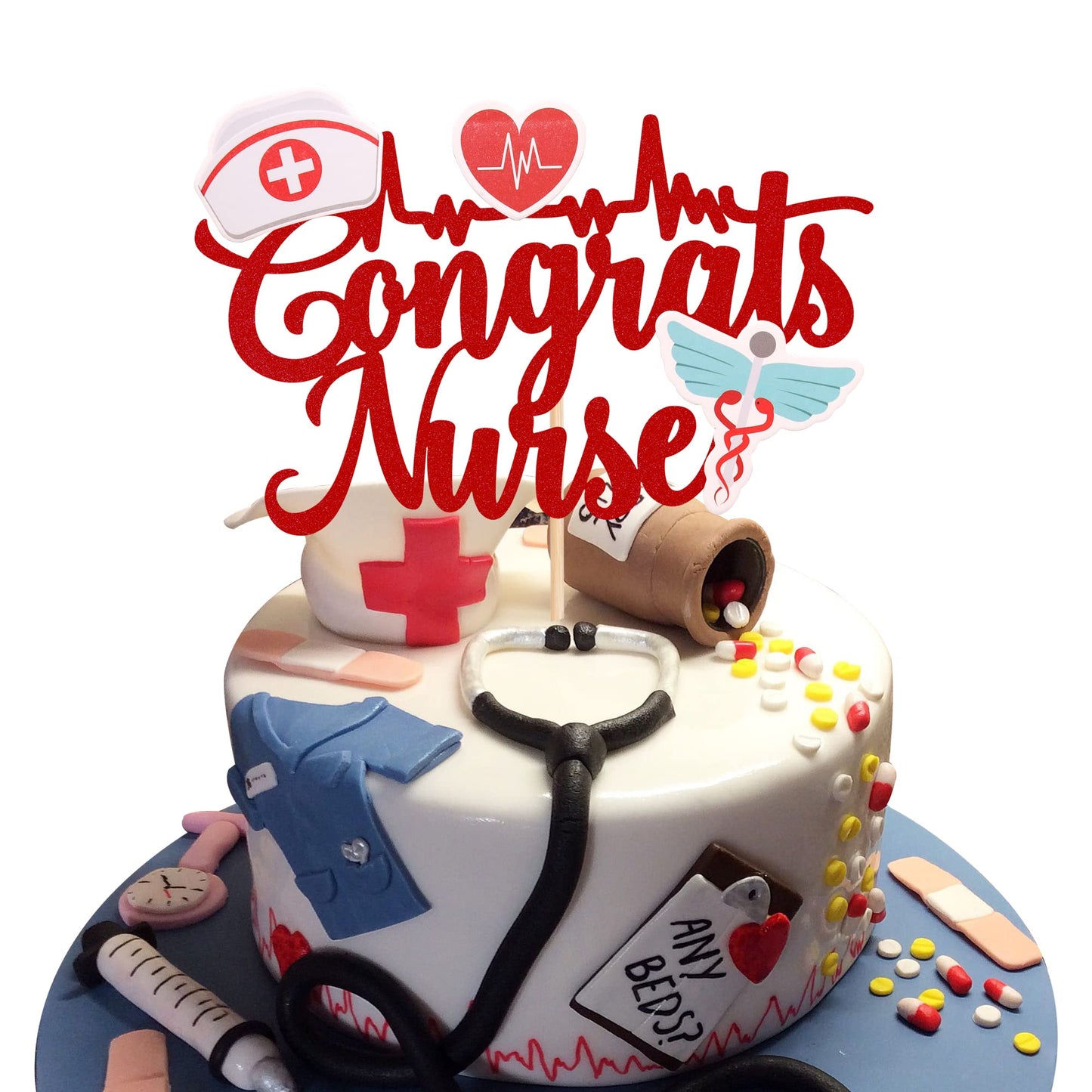 ZHUOWEISM Nurse Cake Topper, Red Glitter, Small, Paper, Model ZW371, Nursing Graduation Decorations