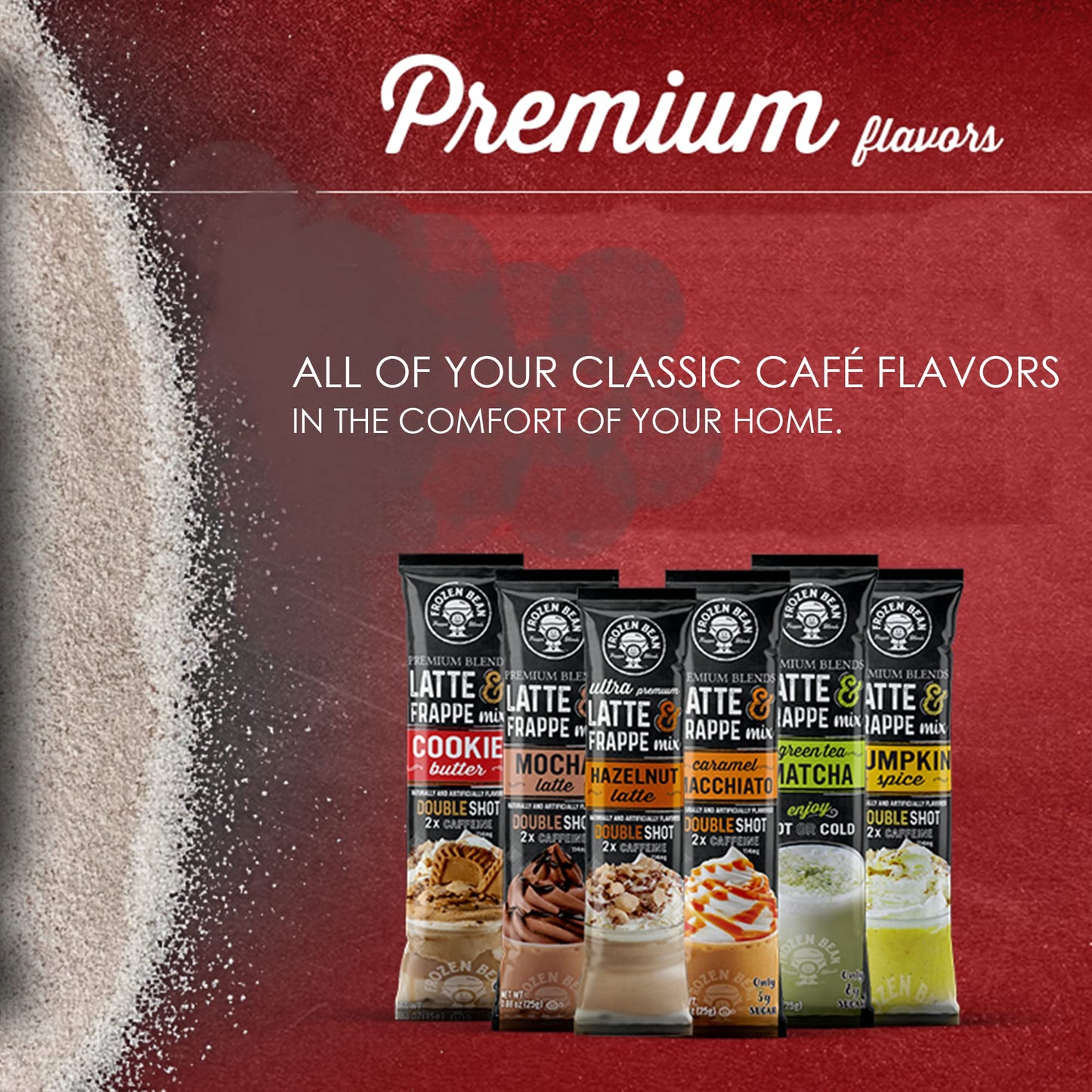 The Frozen Bean Caramel Macchiato Frappe & Latte Instant Mix (20 Sticks), Made With Arabica Coffee, Double Shot Caffeine, Low Sugar & Enhanced Ingredients, Hot, Iced, Or Blended Drinks