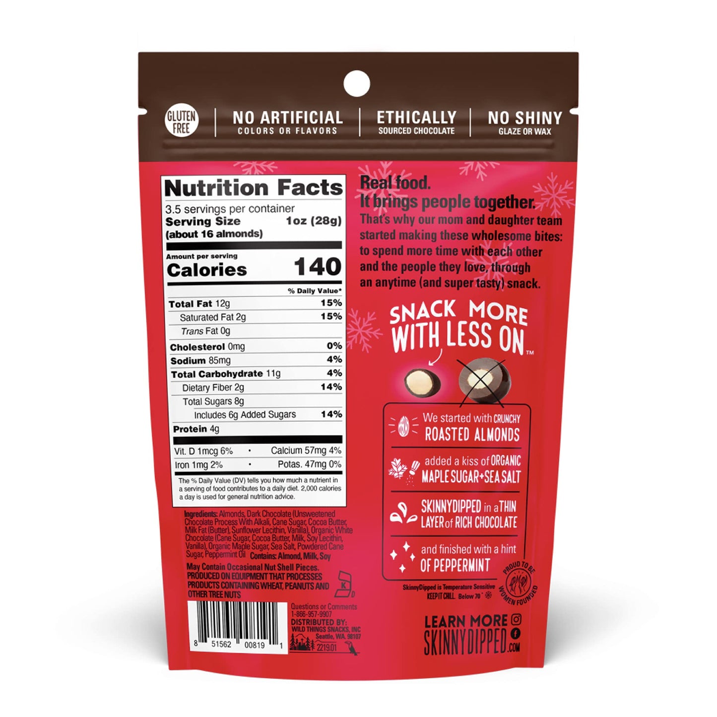 SkinnyDipped Dark Chocolate Peppermint Almonds, Healthy Snack, Plant Protein, Gluten Free, 3.5 oz Resealable Bag, Pack of 1