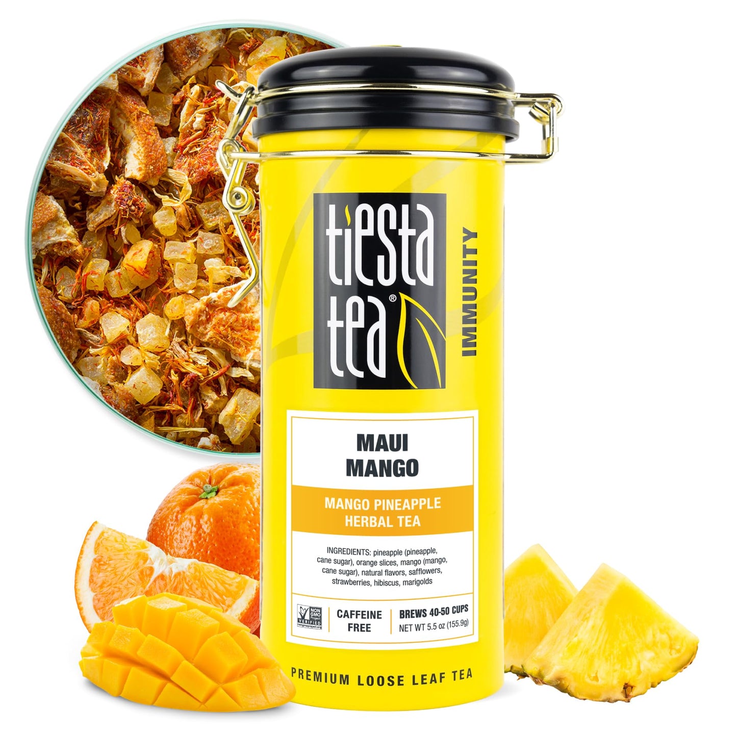 Tiesta Tea Maui Mango | Loose Leaf | Mango Pineapple Herbal Tea | Premium Non-Caffeinated Fruit Blend | Makes Hot Or Iced & Brews Up To 50 Cups | 5.5 Ounce Refillable Tin