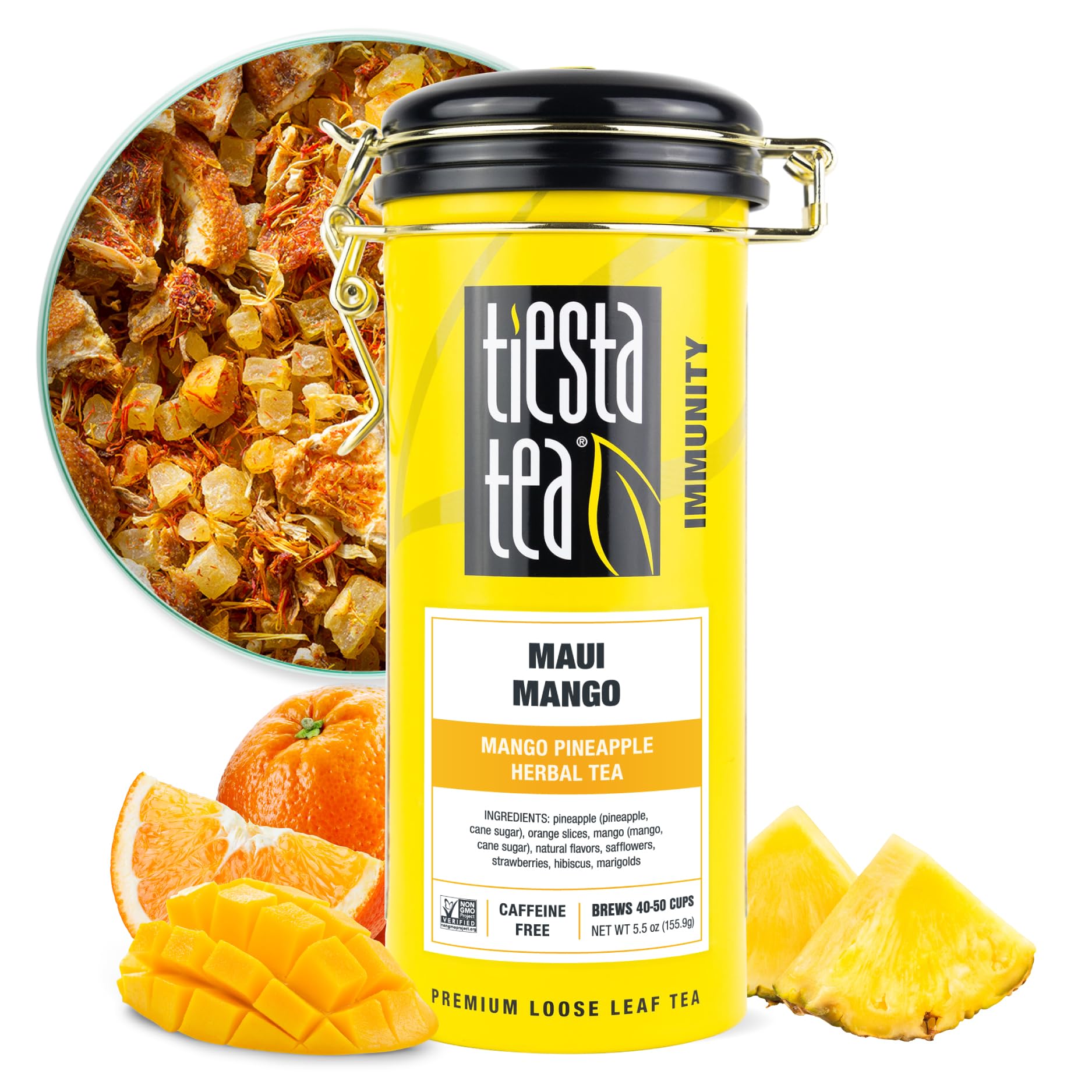 Tiesta Tea Maui Mango | Loose Leaf | Mango Pineapple Herbal Tea | Premium Non-Caffeinated Fruit Blend | Makes Hot Or Iced & Brews Up To 50 Cups | 5.5 Ounce Refillable Tin