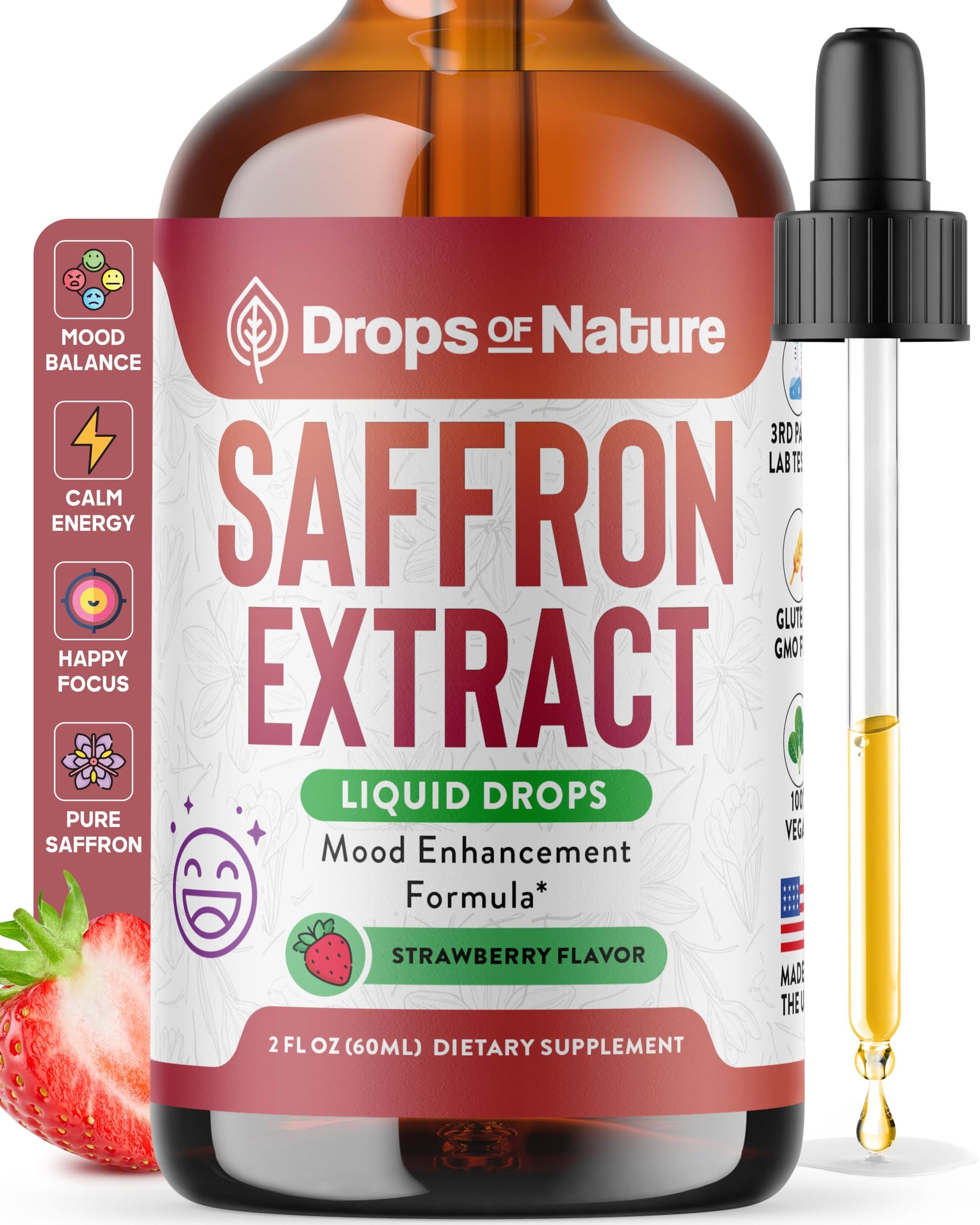 Saffron dietary products for Kids & mature-themeds - Made with Pure Saffron Extract - Vegan  Fast Absorbing - Mix with Drinks - Supports Eye Health  Emotional Balance and Antioxidant Level Boost (Strawberry  60mL)