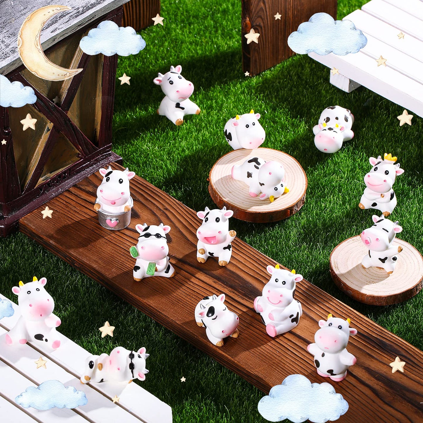 Blulu 28 Pieces Mini Cute Cow Animals Miniature Figurines Toys Cow Cake Toppers Resin Garden Miniature Moss Landscape Diy Terrar
