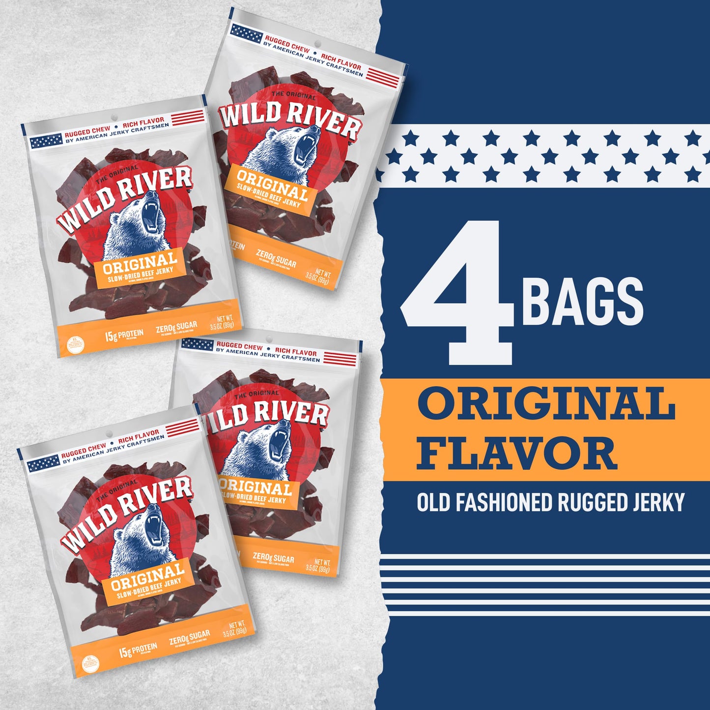 Wild River Beef Jerky, Old Fashioned 100% Gluten Free Protein Snacks, Savory Meat Snack, 15g Protein, 4 Count (3.5 Ounce Each)