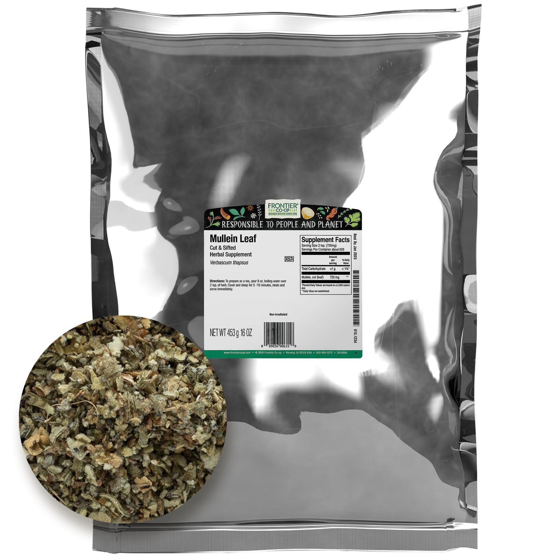 Frontier Co-op Dried Mullein Leaf, 16 oz Bulk Bag, Kosher, Loose Leaf for Tea Bags, Extract, Capsules