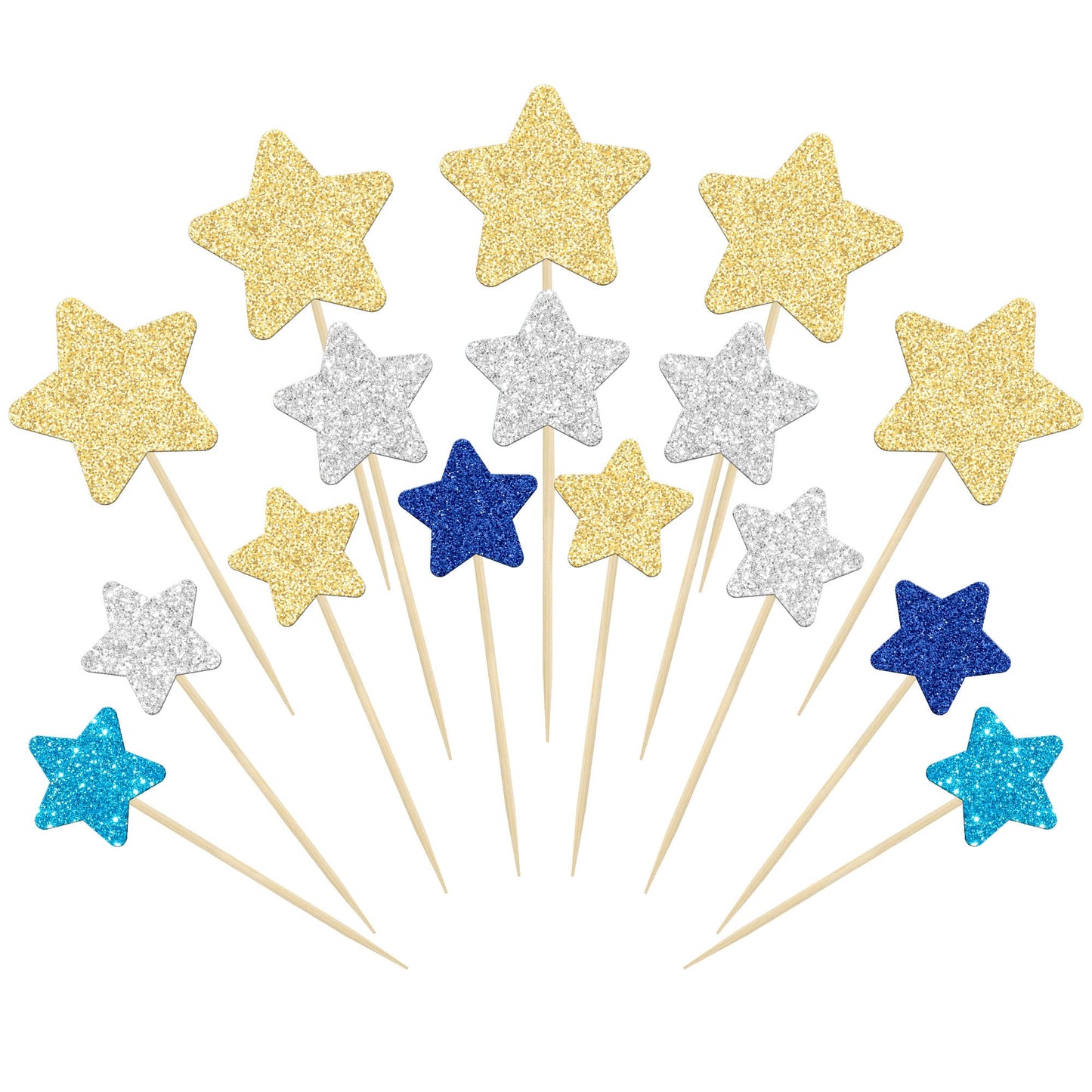 Gyufise 42Pcs Star Cupcake Toppers Gold Silver Blue Glitter Mixed Size Twinkle Little Star Cupcake Picks Decorations For Wedding