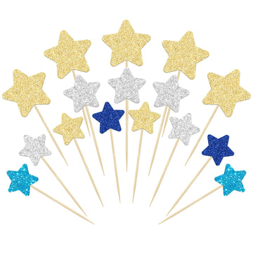 Gyufise 42Pcs Star Cupcake Toppers Gold Silver Blue Glitter Mixed Size Twinkle Little Star Cupcake Picks Decorations For Wedding