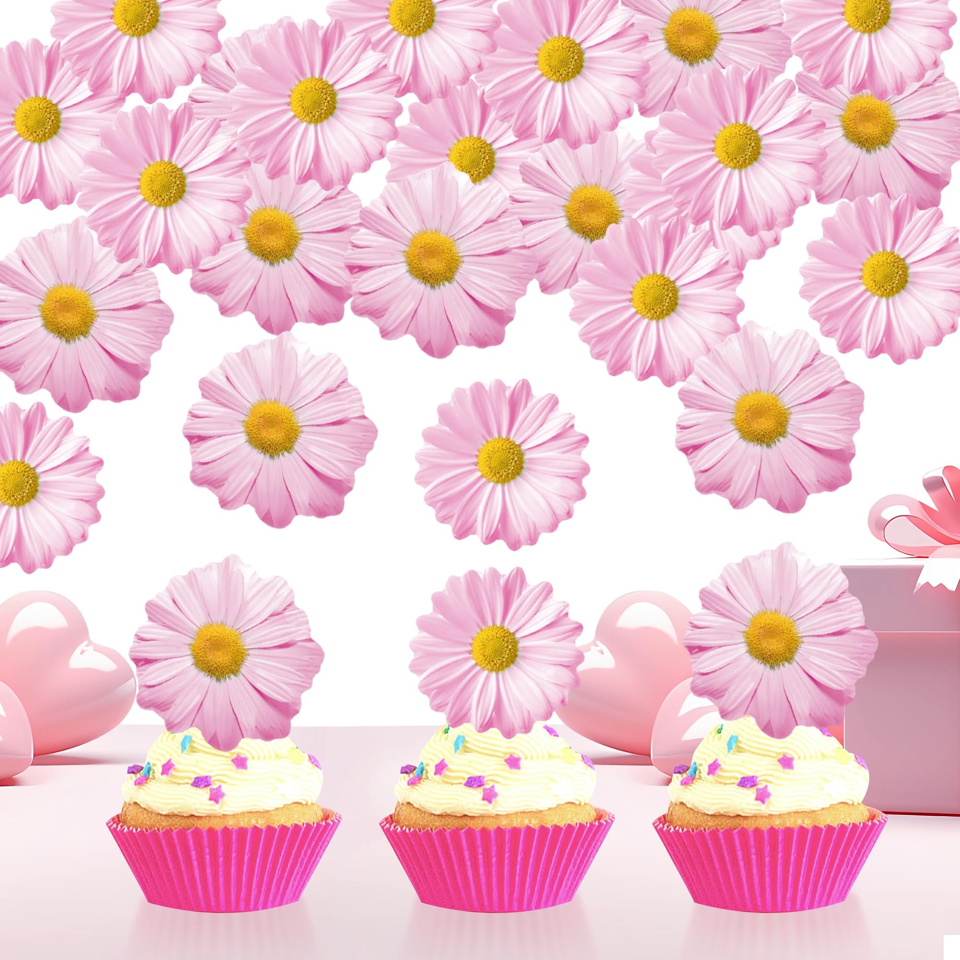 Foowztao Edible Daisy Cupcake Toppers - 60 Pcs Wafer Paper Flower Decorations for Birthday & Wedding, Pink