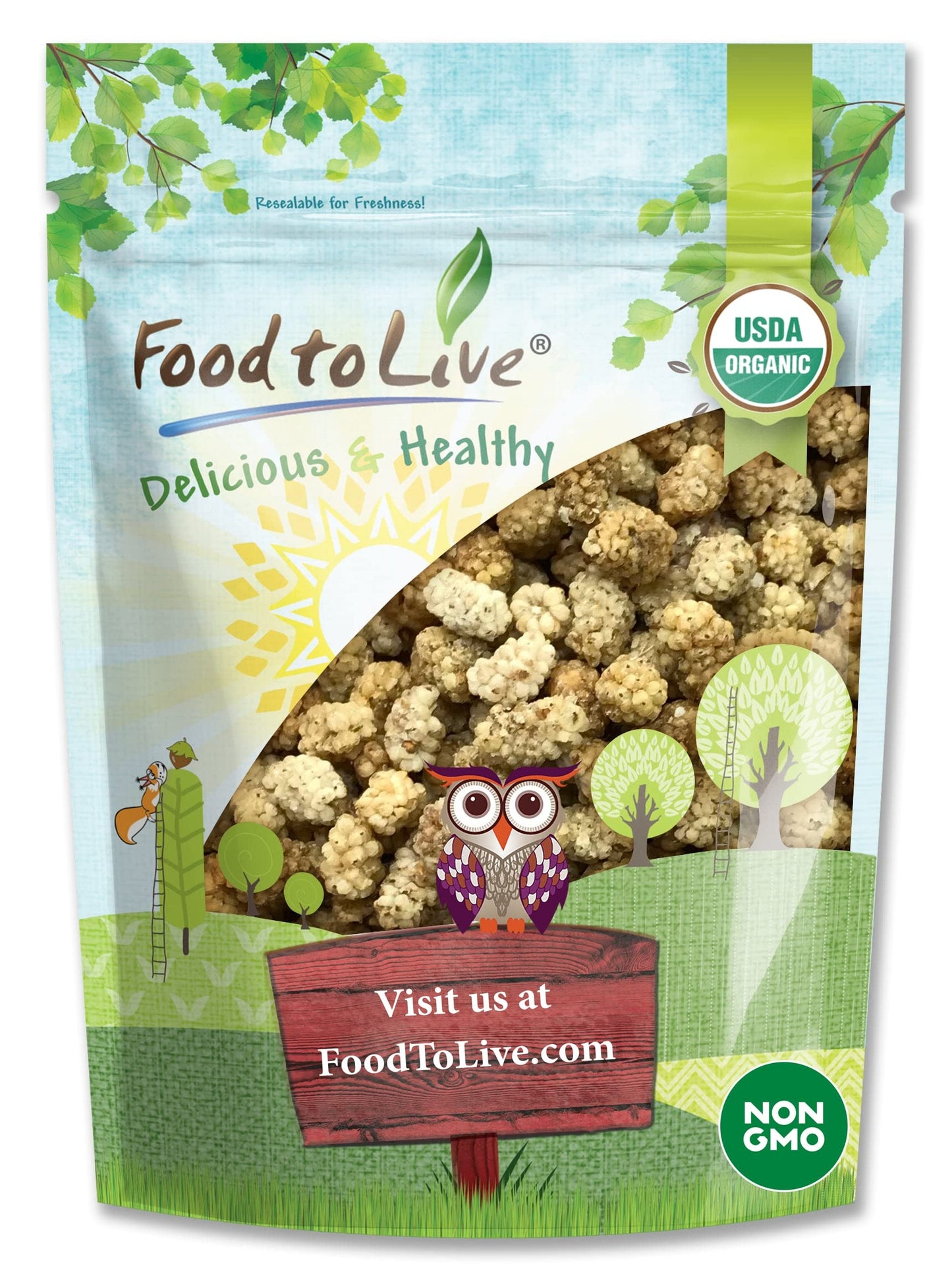 Food to Live Organic Dried White Mulberries - Non-GMO, Unsulfured, 2 Pounds