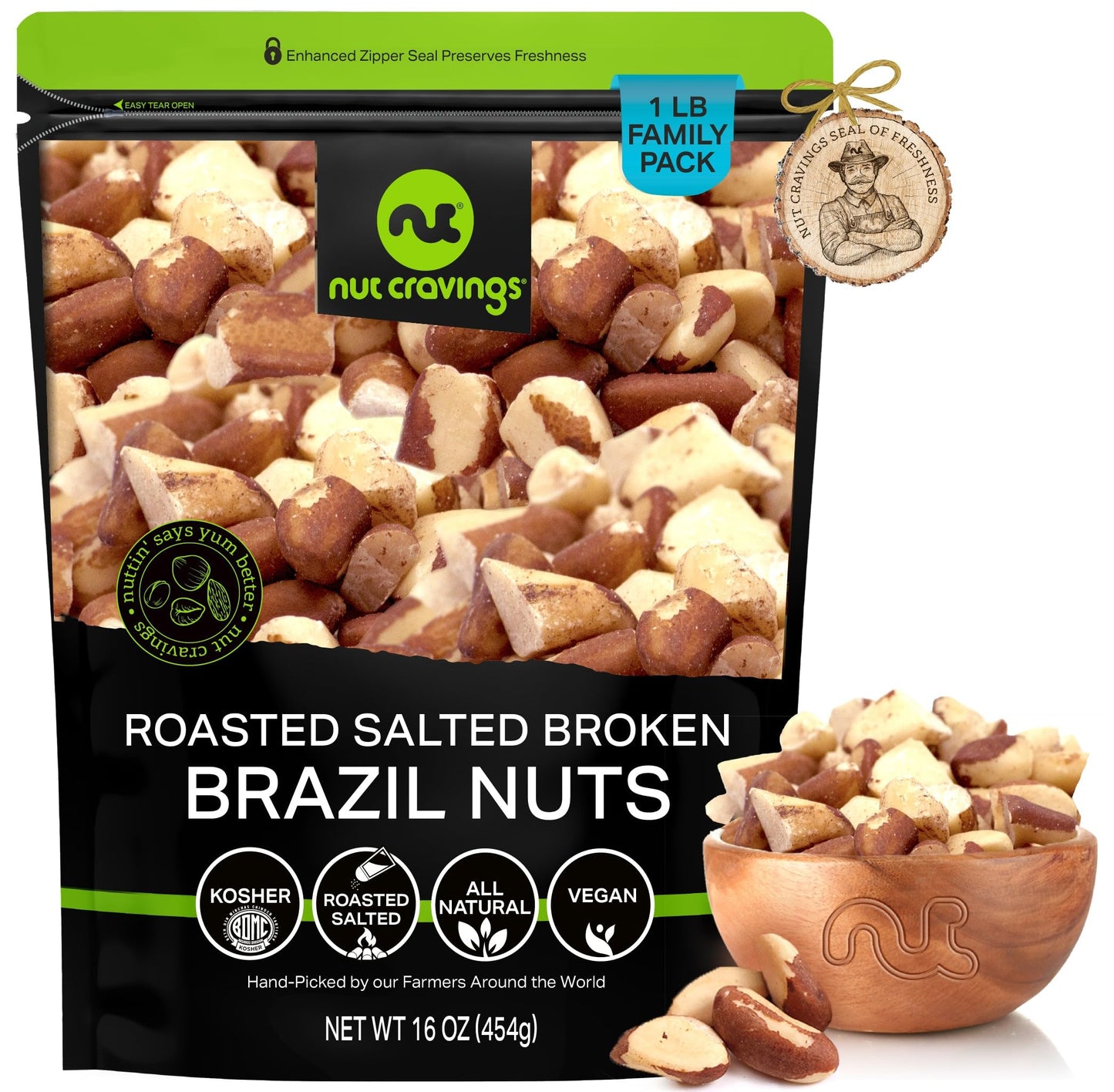 NUT CRAVINGS - Roasted & Salted Broken Brazil Nuts - No Shell, (16oz - 1 LB) Bulk Nuts Packed Fresh in Resealable Bag - Healthy 